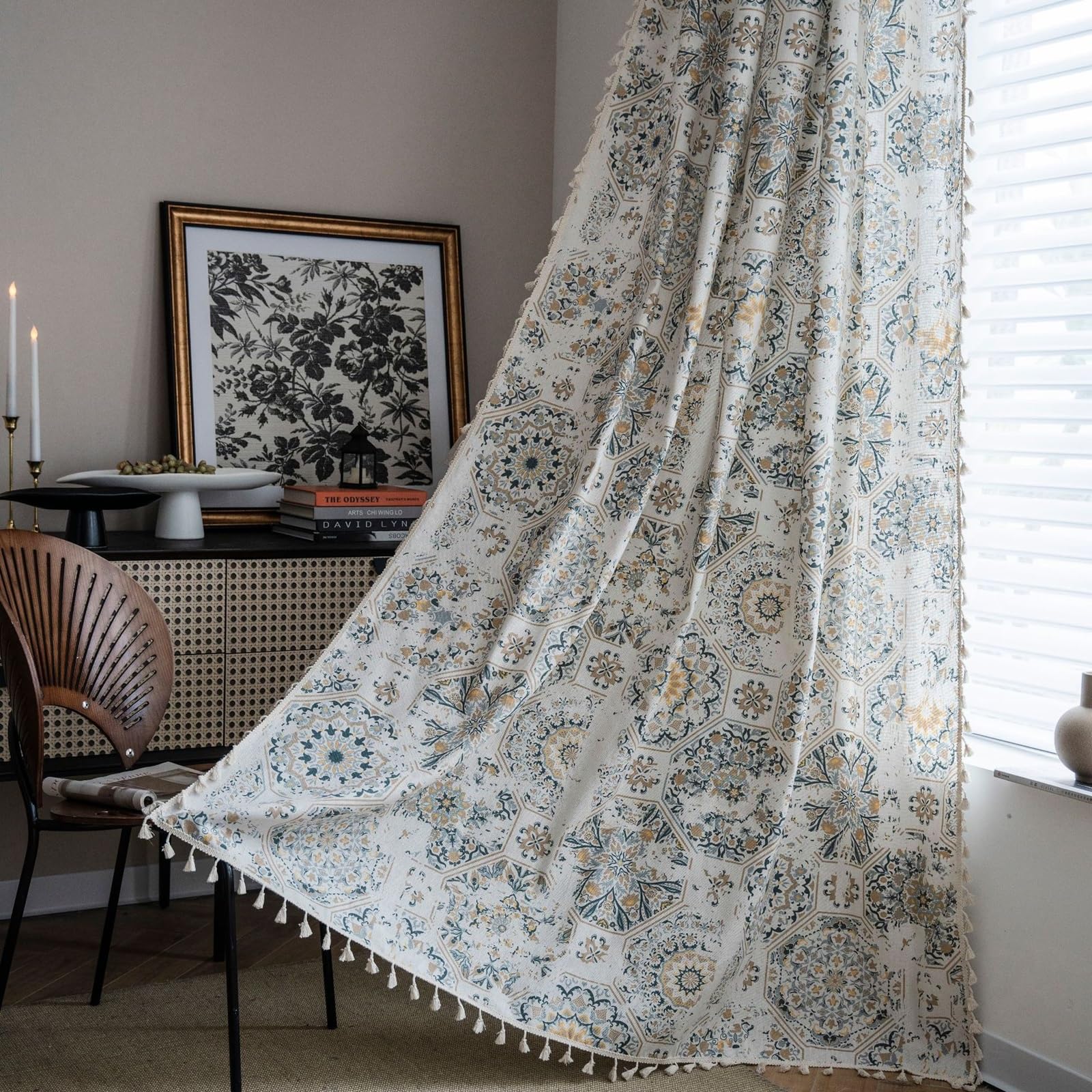 Rideaux haut de gamme coton lin à motif floral avec crochets 150x160cm
