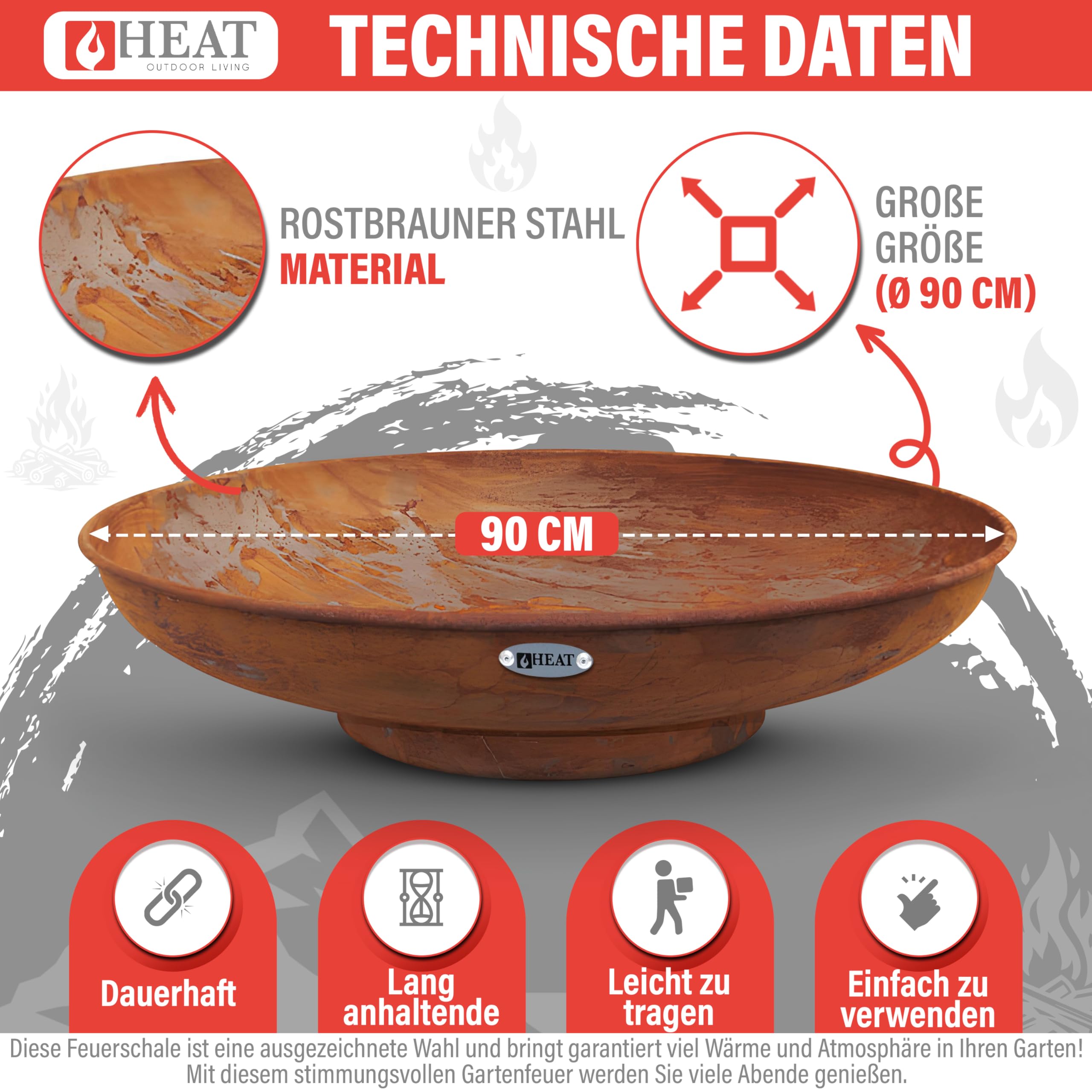 Feuerschale Ø90cm Rost - BBQ Feuerschalen für den Garten - Feuerstelle Outdoor & Feuertonne - Terrasenofen aus Stahl - Feuerkorb für den Garten - Gartenofen - 90x90x19cm