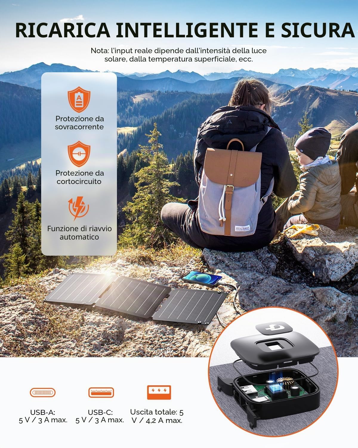 Caricabatterie Solare da 21W (5V/4,2A), BigBlue Caricatore Solare Portatile con USB-A e USB-C, Impermeabile IP68 Pannello Solare para Camping, Compatibile con Cellulare, Batteria Esterna ecc.