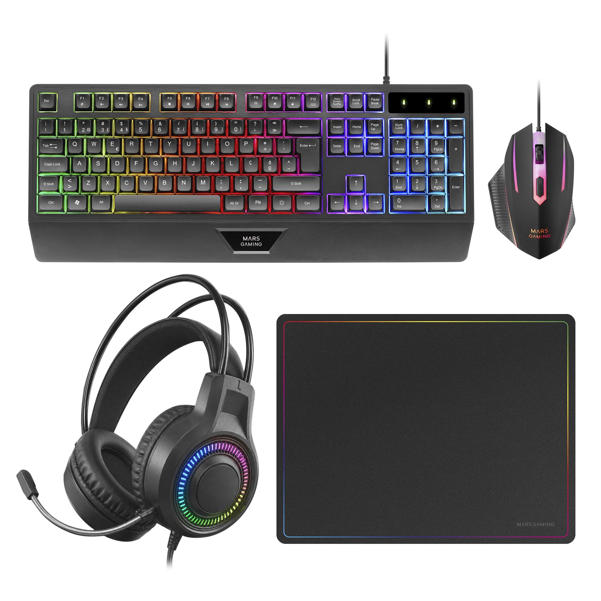 Mars Gaming MCP124PRO, Portuguese, Gaming Combo 4in1, RGB H-Mech Keyboard with Wrist Rest, RGB Mouse 3200DPI and HUANO Switches, FRGB Headset, Nanotextile Mousepad 36x26cm, Multiplatform, Black