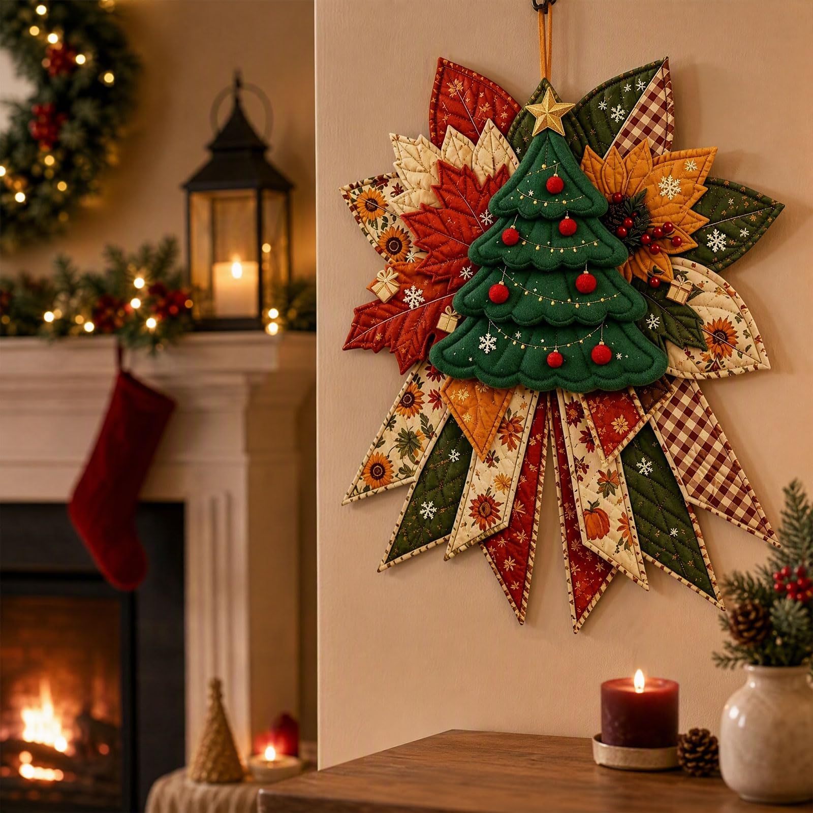 Festive Quilted Christmas Door Hanging DIY Sewing Kit, Christmas Quilted Bow DIY Kit with Fabric, Batting, Thread, Templates & Instructions, Patchwork Hanging Decor Kit for Door Wall Display (BB)