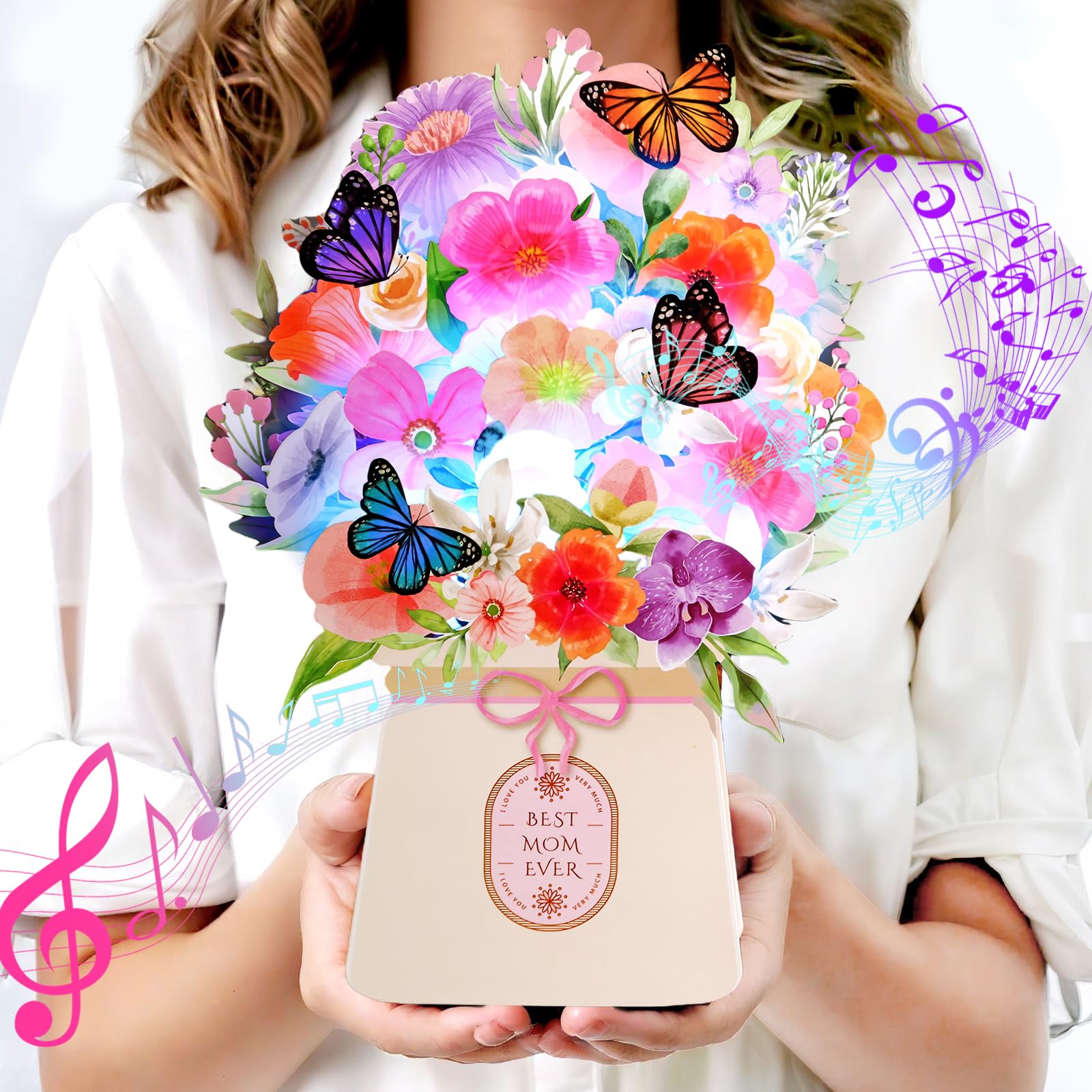 LIGHTS & MUSIC Mothers Day Pop Up Card, Orchid, Lily and Butterflies, 10 Inch Life Sized Forever Flower Bouquet Mother’s Day Cards from Daughter, Son,