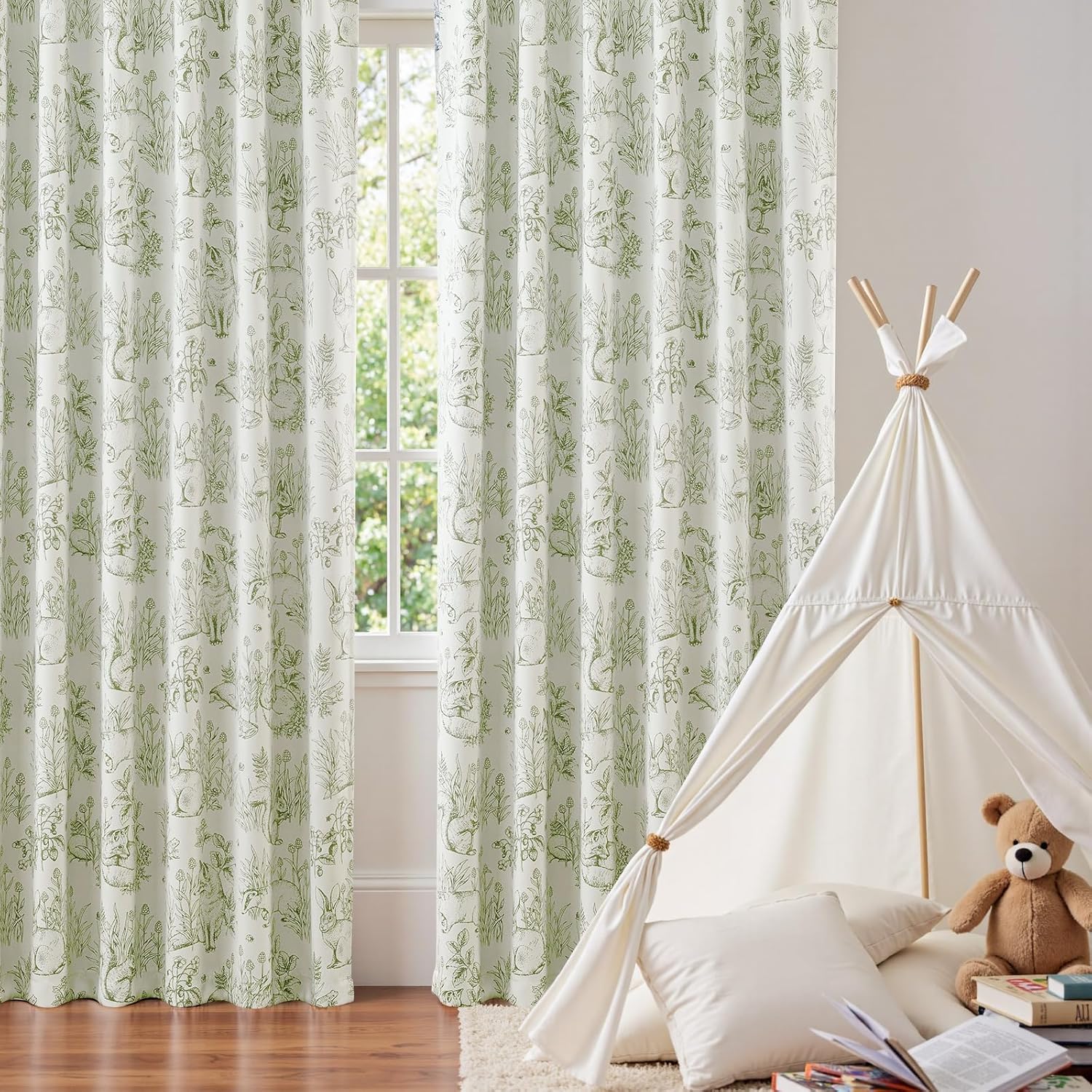 jinchan 95% Blackout Nursery Curtains 84 Inches Long, Bunny Woodland Toile Curtains Sage Green on Beige Animal Printed Drapes Rod Pocket Thermal Insulated Bedroom Farmhouse Window Treatment 2 Panels 52"W x 84"L (Pack of 2) Woodland Sage Green on Beige