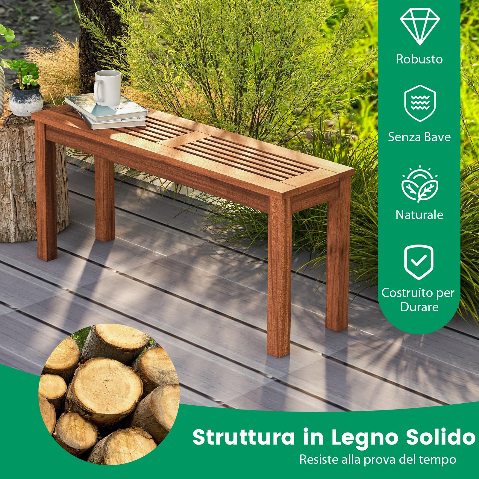 GYMAX Panchina senza Schienale per Esterni, Panchina da Pranzo per Patio con Seduta a Doghe Traspirante, Panchina in Legno Rustico per Ingresso, Giardino, Cortile, Terrazza, Naturale (1)