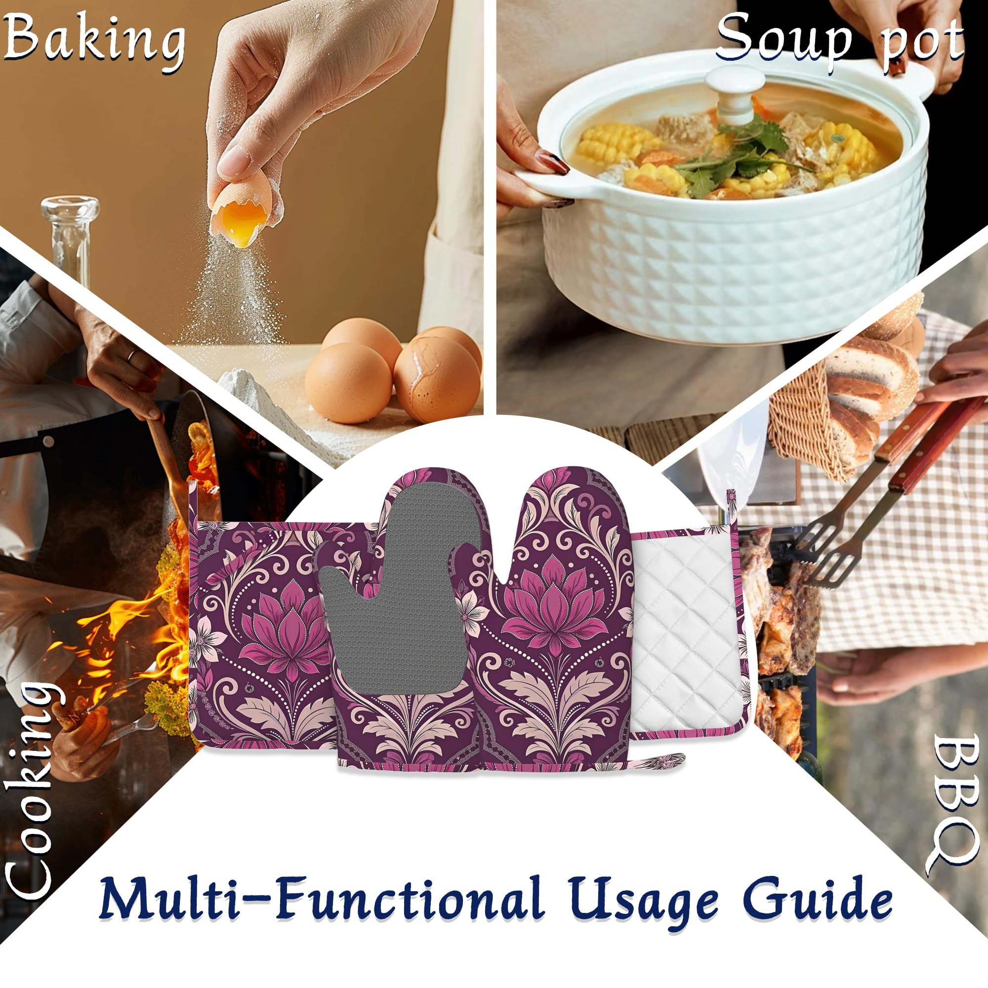 Ofenhandschuhe und Topflappen im Vintage-Stil, Paisleymuster, 4er-Set, violette Blume, hitzebeständige Silikon-Ofenhandschuhe, rutschfeste Küchenhandschuhe, Topflappen zum Kochen, Backen, Grillen