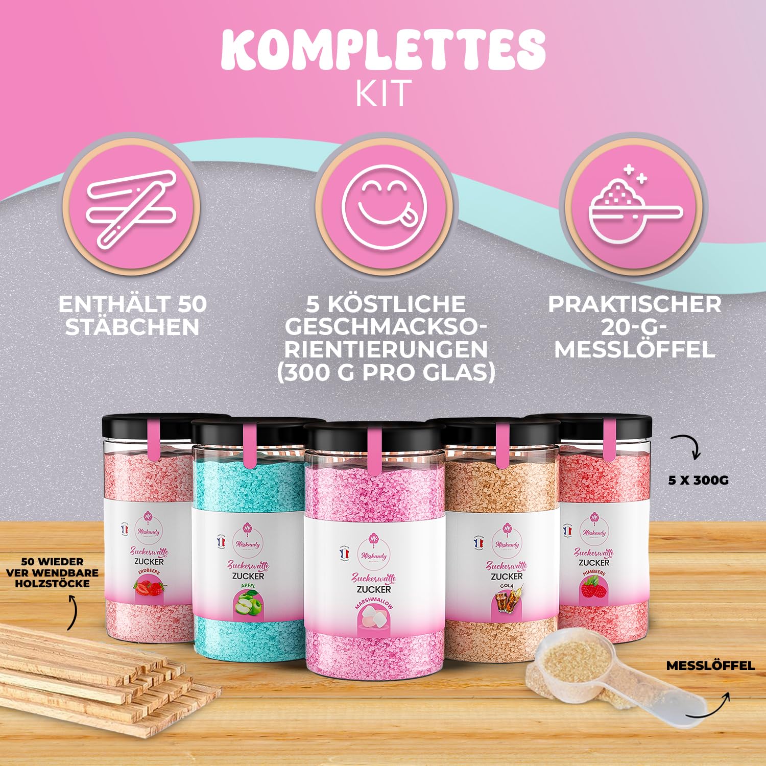 Misskandy®, Zuckerwatte Zucker (Farbstoffe ohne Azofarbstoffe) / Charge (5 * 300Gr)= 1,5kg/Erdbeere, Apfel, Marshmallow, Cola, Himbeere/zuckerwattemaschine zucker/Aromazucker + 50 Stäbchen (Free)