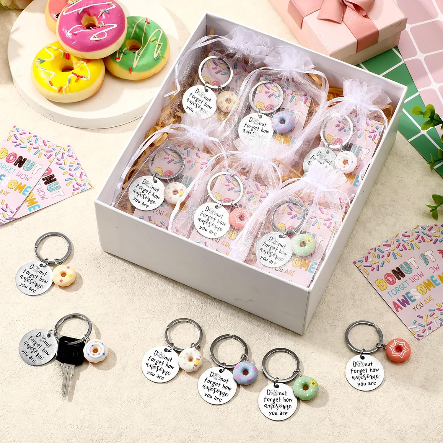Ecation End of Year Gifts from Teacher Bulk End of School Year Gift Donut Keychains Bulk Inspirational Card for Graduation