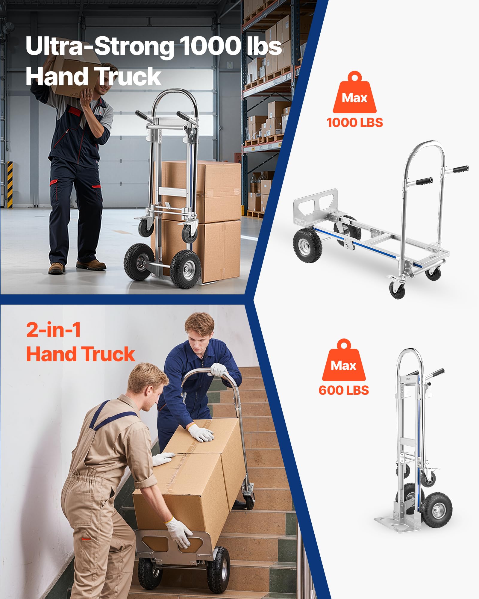 VEVOR 2-in-1-Sackkarre 454 kg, Transportkarre im 4-Rad-Modus, Umwandelbarer Plattformwagen mit Rutschfestem Griff, Tragbarer Handwagen Transportwagen, Trolley für Umzüge, Büro, Lager, Supermarkt