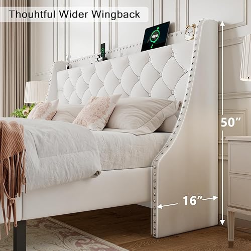 Miniatura 66 de Base de cama tamaño Queen con cabecero de almacenamiento capitoné con botones en la parte trasera y puertos tipo CA, plataforma tapizada, soporte de