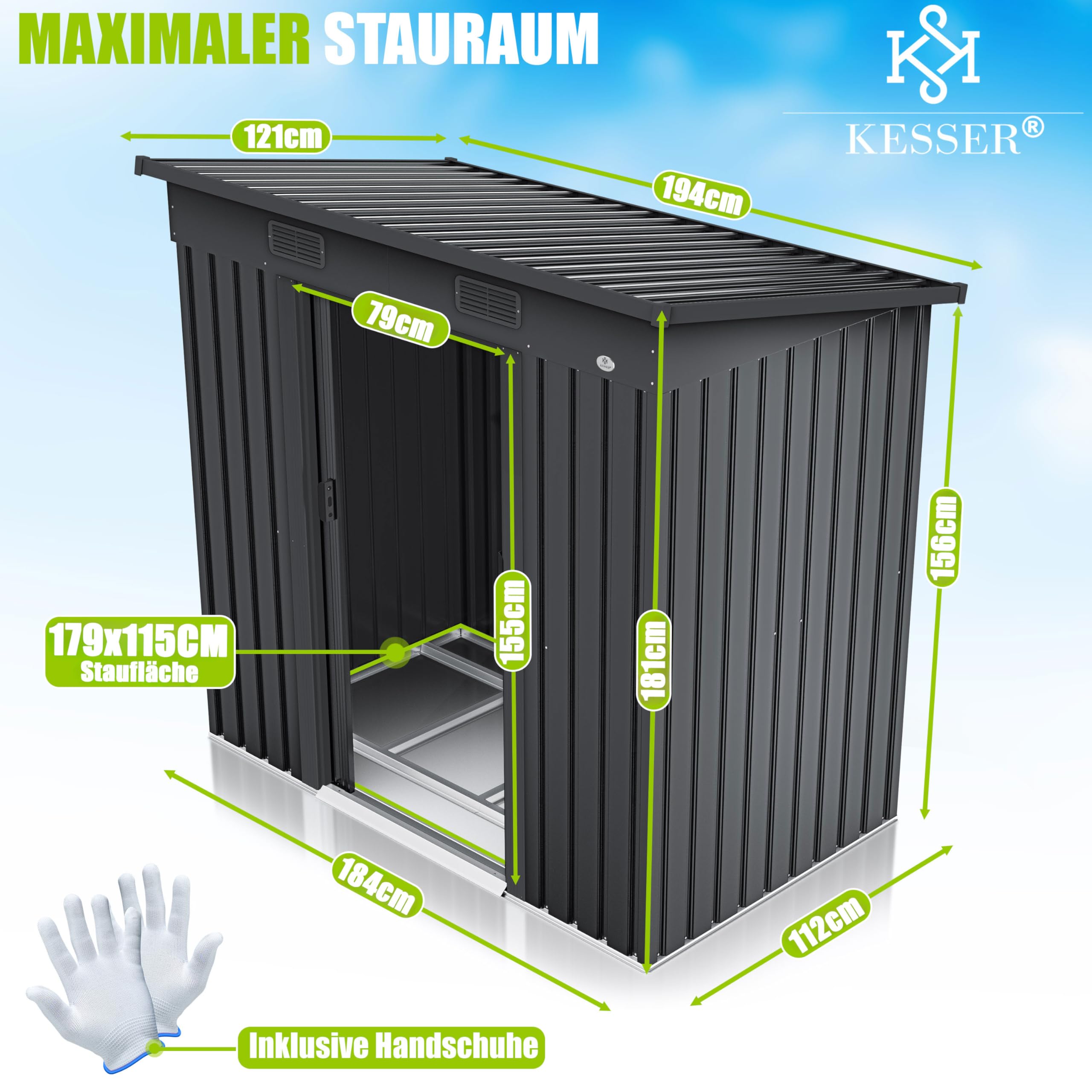 KESSER® - Cobertizo de metal L de 4 m³ con base | 194 x 112 x 181 cm | 2 puertas correderas y cimientos | cobertizo para equipos | armario de cobertizo de jardín | cobertizo de jardín con techo