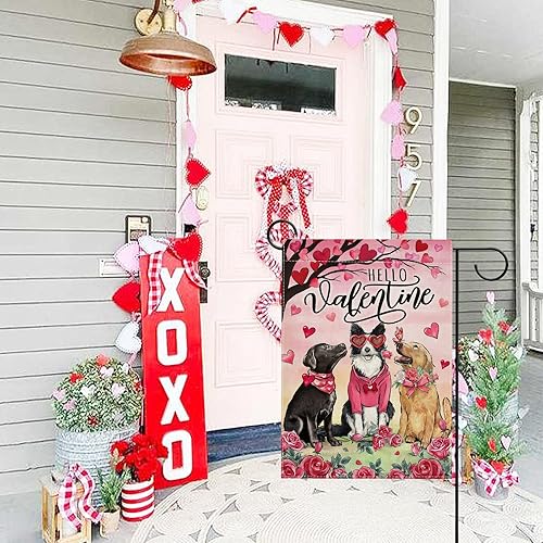 Miniatura 6 de Hzppyz Bandera de jardín con texto en inglés «Hello Valentine's Day Golden Retriever Dog Garden Flag» de doble cara, rosa, rojo, árbol del amor,