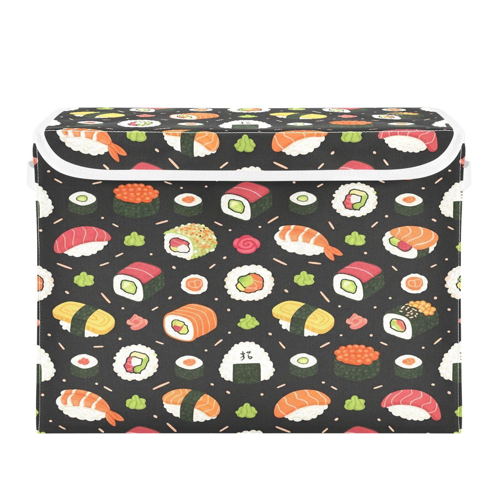 Ewusp Sushi Fabric Storage Bin with Lid, Decorative Foldable Storage Basket with Handles, Stackable Closet Shelf Organiser Box for Clothes, Books, Bedroom, Living Room
