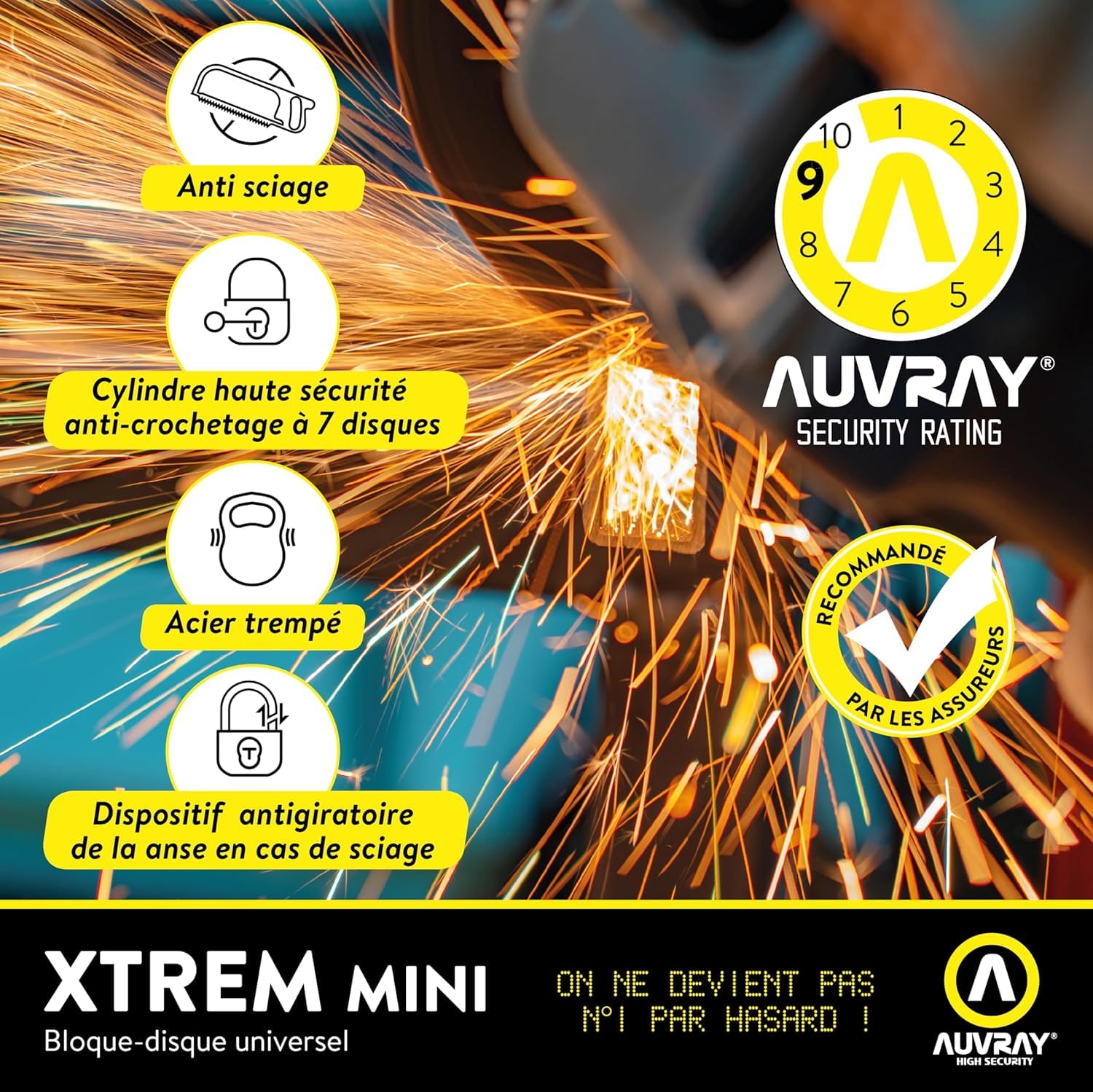 AUVRAY - Antivol moto bloque disque MINI U - BLOCK DISC XTREM MINI - Haute sécurité - Cordon de rappel-Certifié SRA et ART-Recommandé par les assurances-Résistance maximale-Double système verrouillage