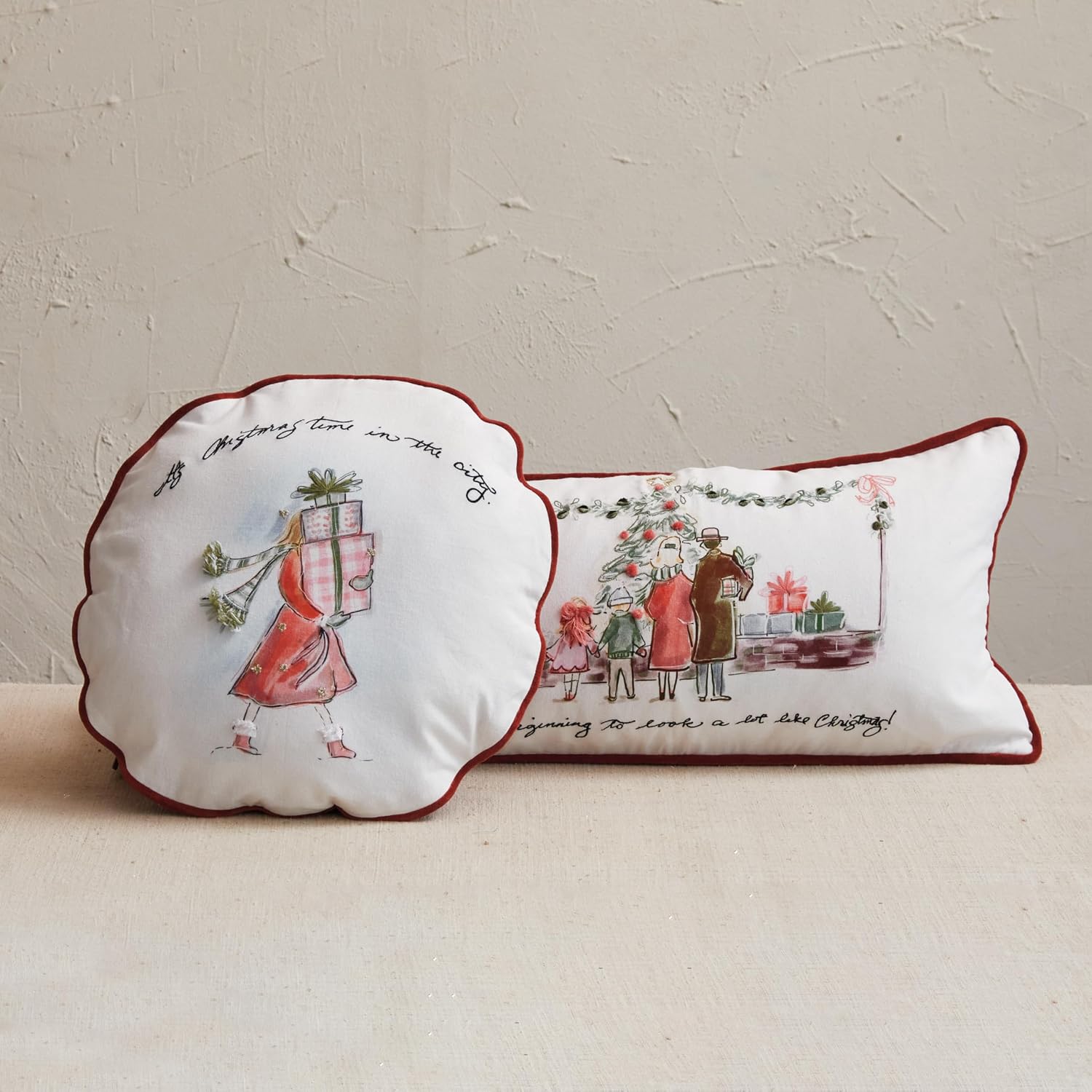 Creative Co-Op Cotton Pillow with Holiday Girl, It's Christmas Time in The City, Multicolor