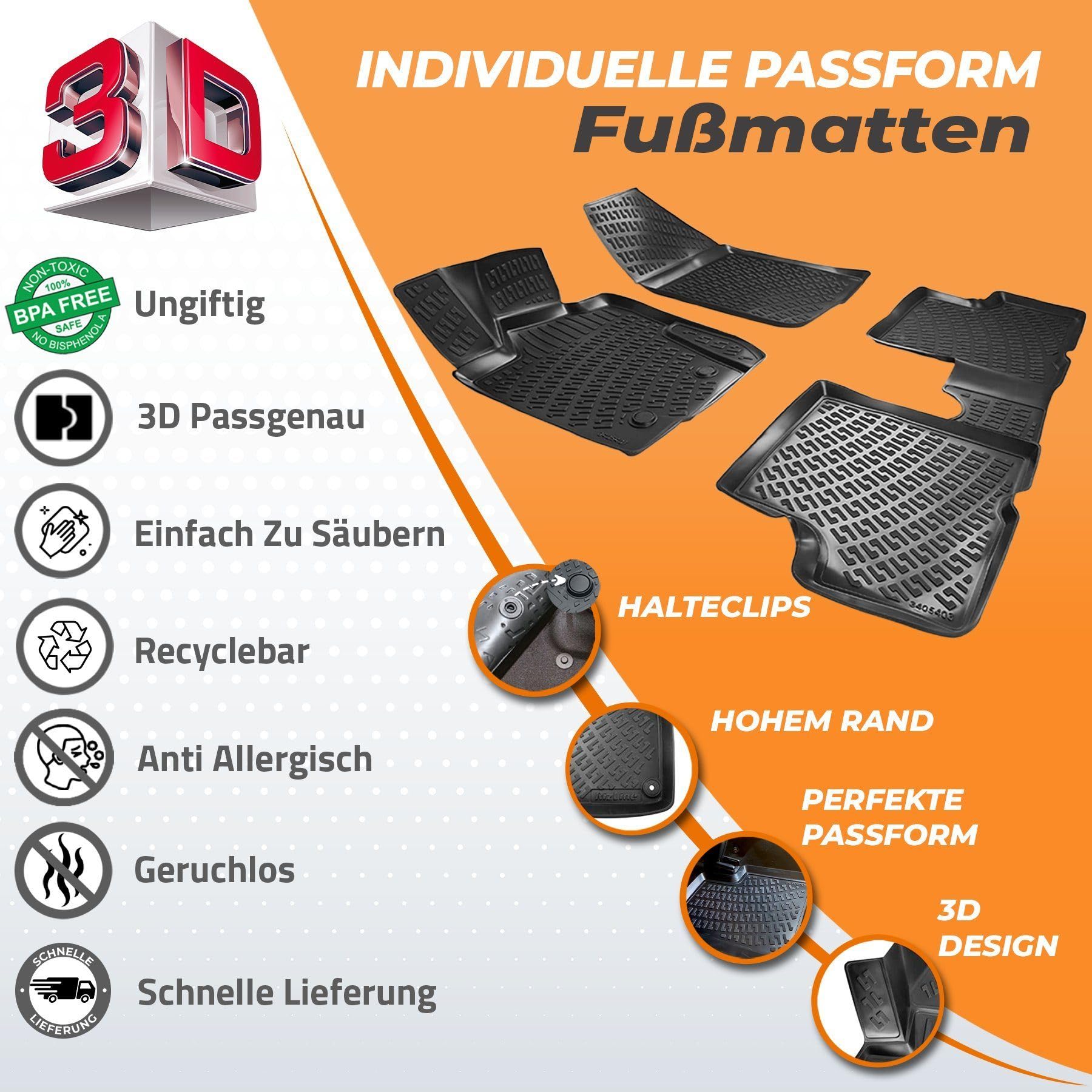 Rizline 3D Komplettset für Mercedes E Klasse W213 Limousine 2016-2023 | **Nicht für umklappbare Rücksitze und X213**, Fussmatten & Kofferraumwanne aus TPE Gummi, Gummimatten & Kofferraummatte