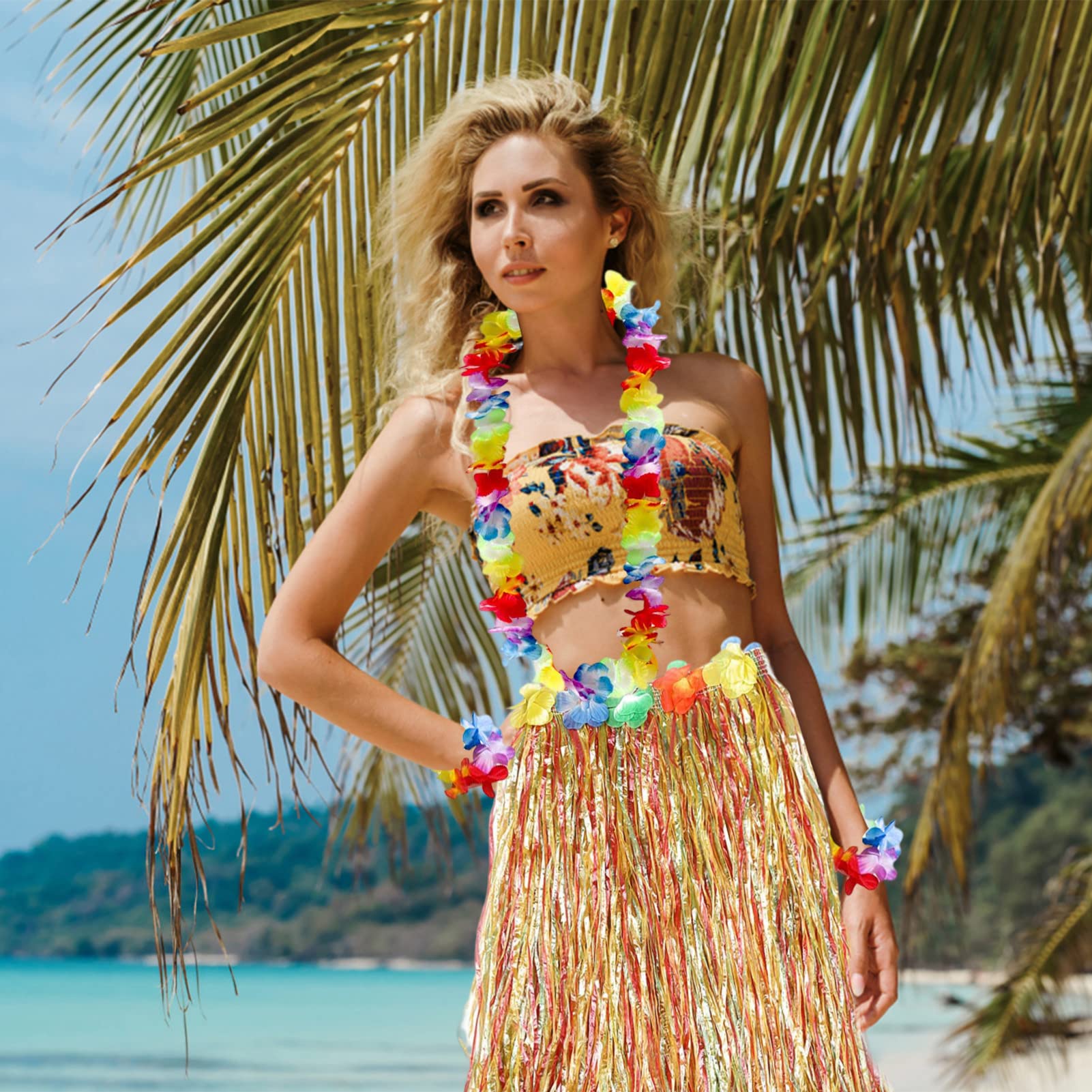 SORAYUXI Déguisement hawaïen pour homme et femme - Jupe hawaïenne avec guirlande de lunettes de soleil - Décorations de fête hawaïenne - Plage d'été, vacances tropicales (femmes-1 pièce