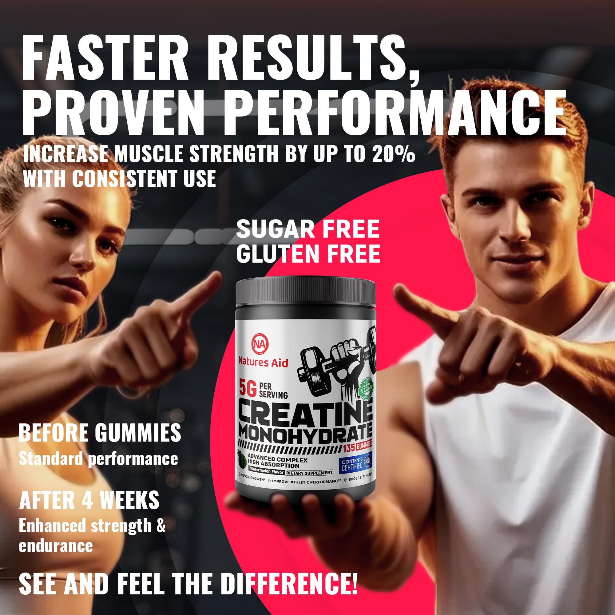 Natures Aid NSF Certified Creatine Monohydrate Gummies for Men & Women, Watermelon 135CT — Amazon image 8
