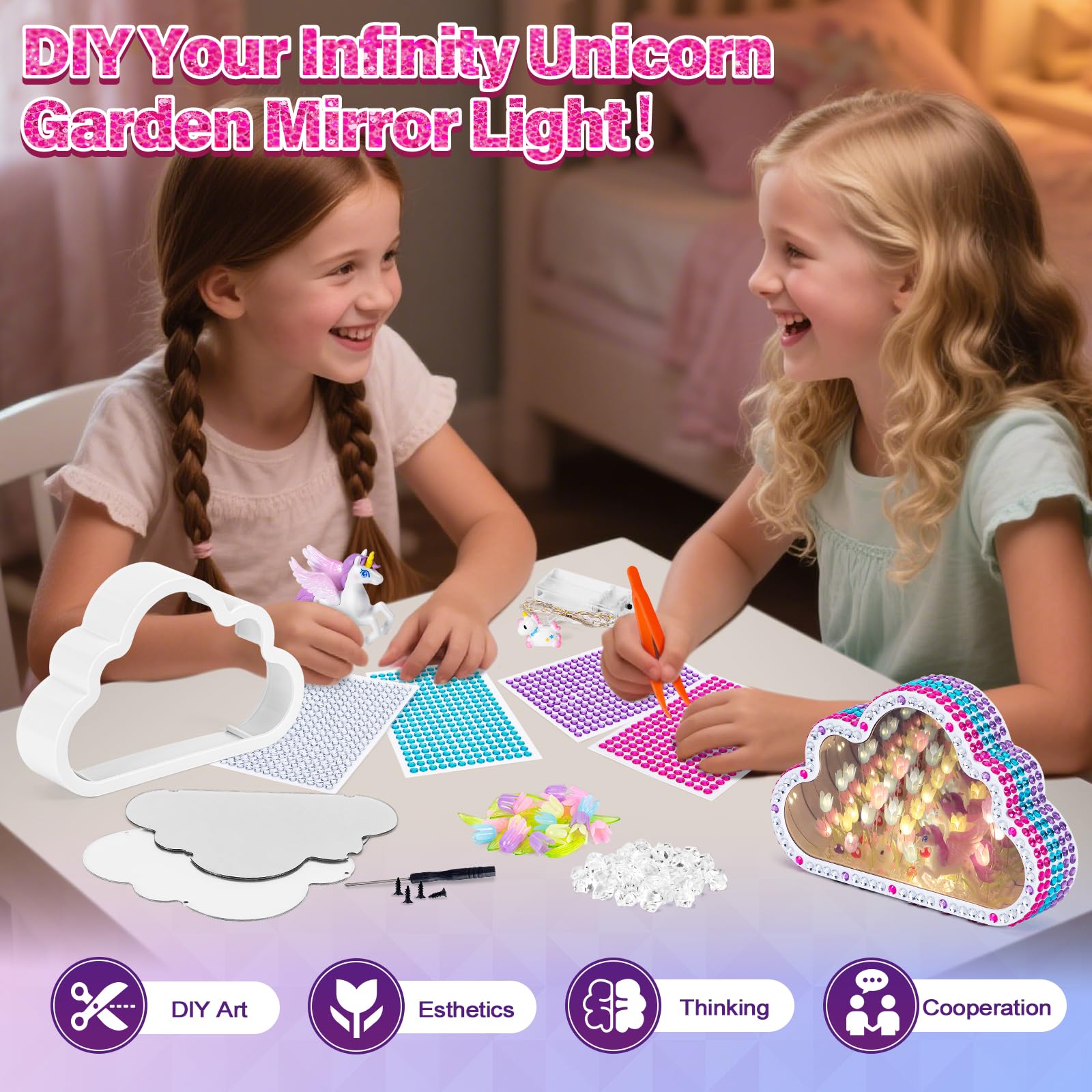 Highttoy Kit Manualidades Niñas, Crear Lámpara Espejo Tulipán Infinita Unicornio 2 en 1, Kit Creativo DIY Luz Nocturna Espejo Nube, Manualidades Niñas 7 8 9 10 Años, Regalo Niña 7-12 Años