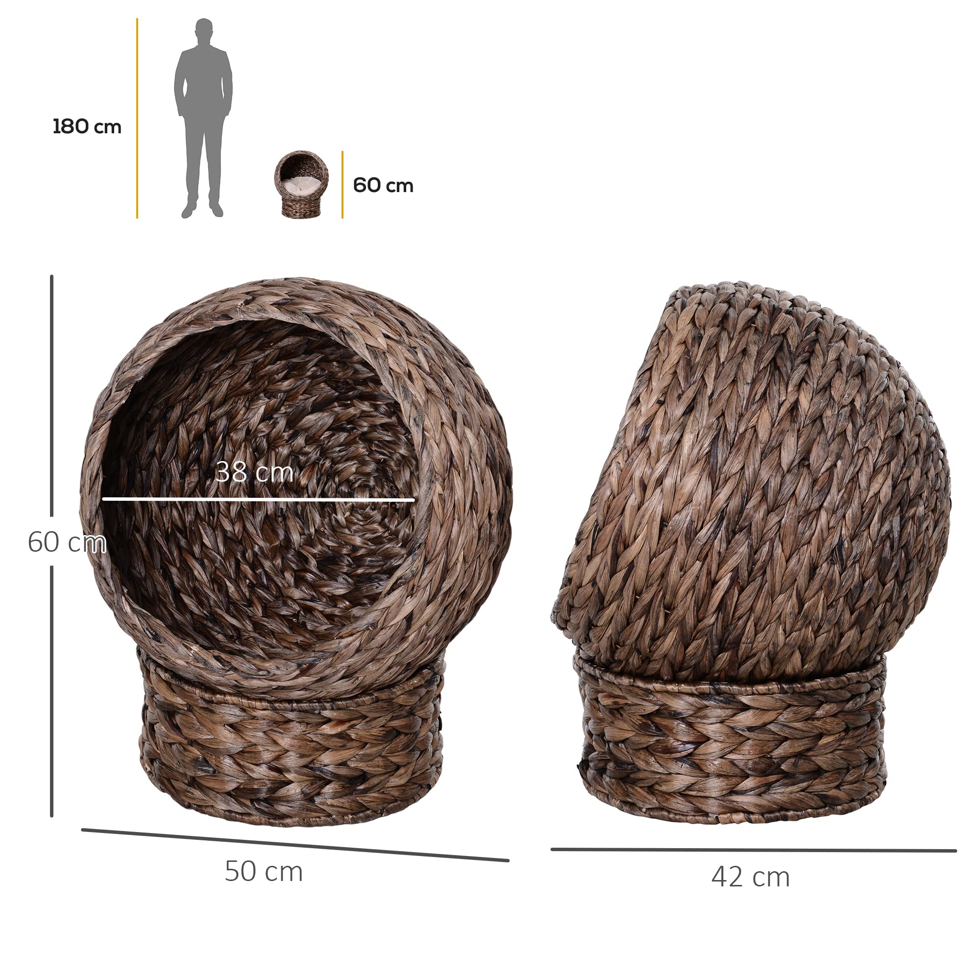 PawHut cesto per gatti in rattan rifugio per gatti grotta per gatti con cuscino letto per animali domestici in giacinto d'acqua per soggiorno marrone scuro 50 x 42 x 60 cm