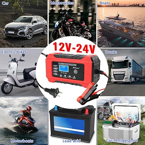 Miniatura 7 de Cargador de batería de 6 amperios, cargador automático de coche inteligente de 12 V 24 V, cargador de mantenimiento de batería y desulfatador de