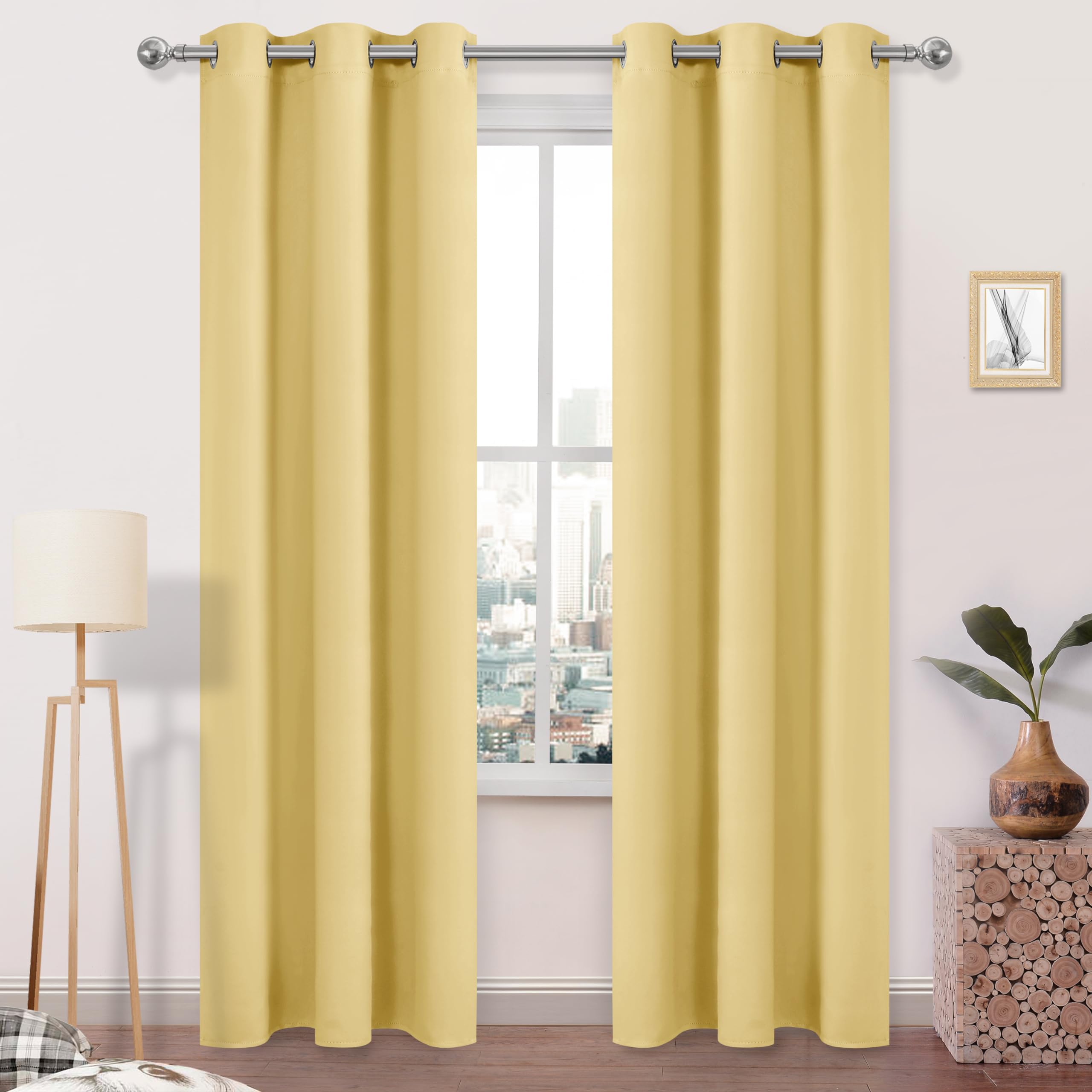 DWCN Room Darkening Blackout Curtains for Bedroom, Thermal Insulated Privacy Grommet Drapes for Living Room - 42 x 84 Inches Long, 2 Panels, Light Yellow — image 1