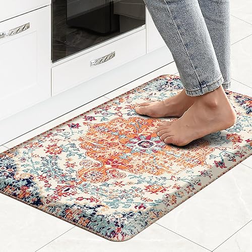 MAYHMYO Tapete de cocina bohemio, antifatiga, étnico, acolchado, color naranja y azul, alfombras de cocina antideslizantes para cocina, suelo y