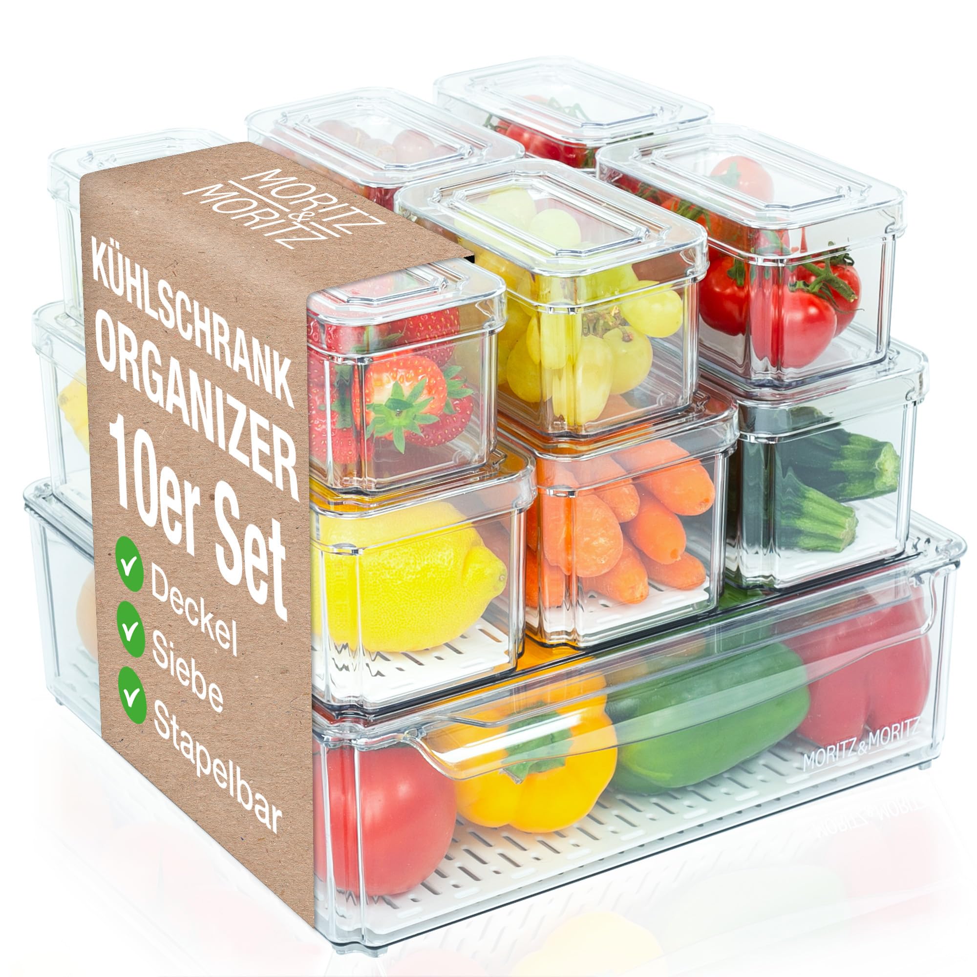 Moritz & Moritz 10er Pack Kühlschrank Organizer Set mit Deckel - Kühlschrank Boxen Stapelbar - Kühlschrankboxen Transparent - Robust - Aufbewahrungsboxen für Küche Vorratsschrank Schublade