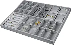 Reluz Art Organizador Para Joias Gaveta Veludo Para Acessórios, Relógios, Anéis, Óculos e Colares (45 x 35 x 3,5cm, Cinza)