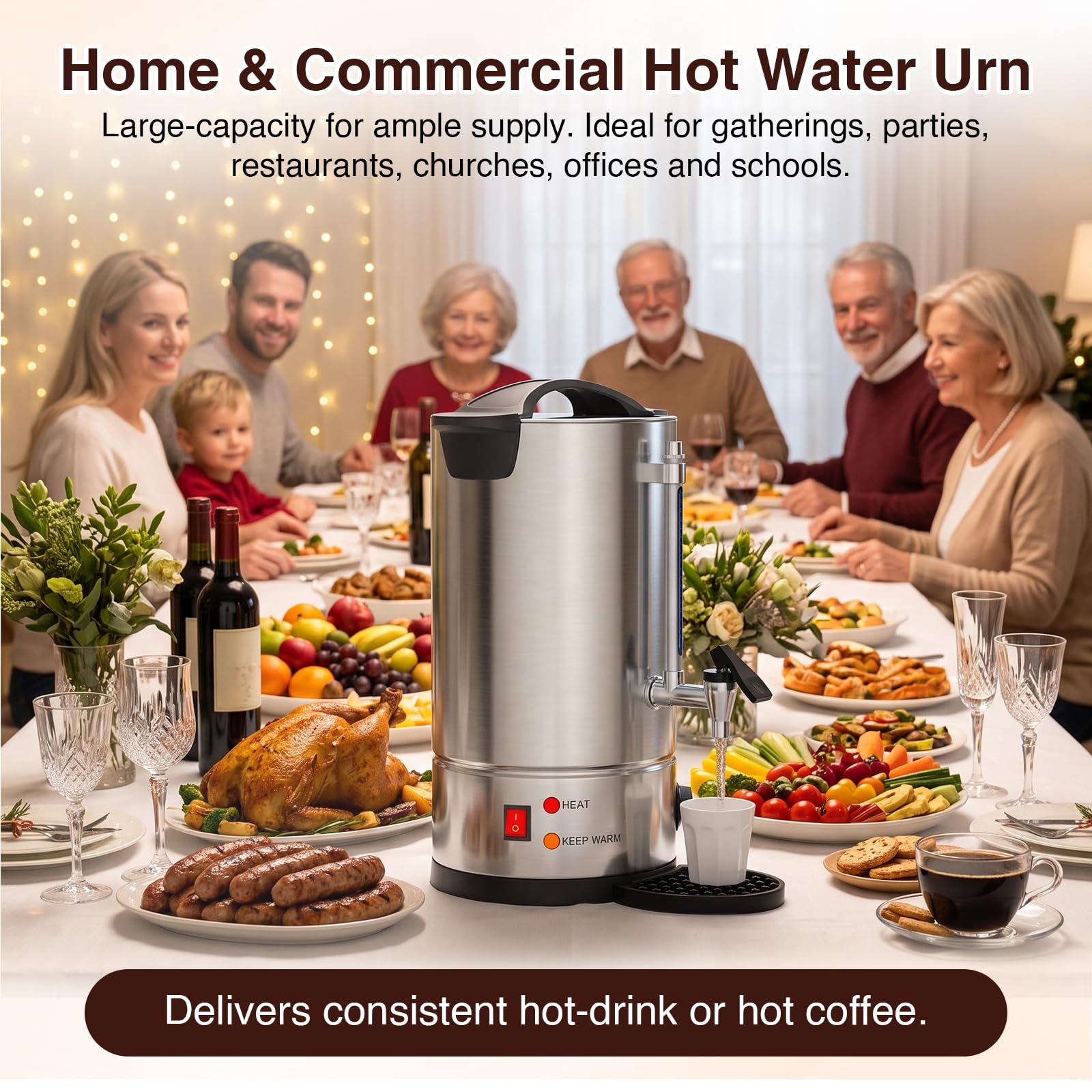 Cafetière urne de 8 l avec filtre rond, en acier inoxydable 304, avec réglage de la température de 30 à 110 °C et indicateur de niveau, pour maison, fête, bureau, mariage