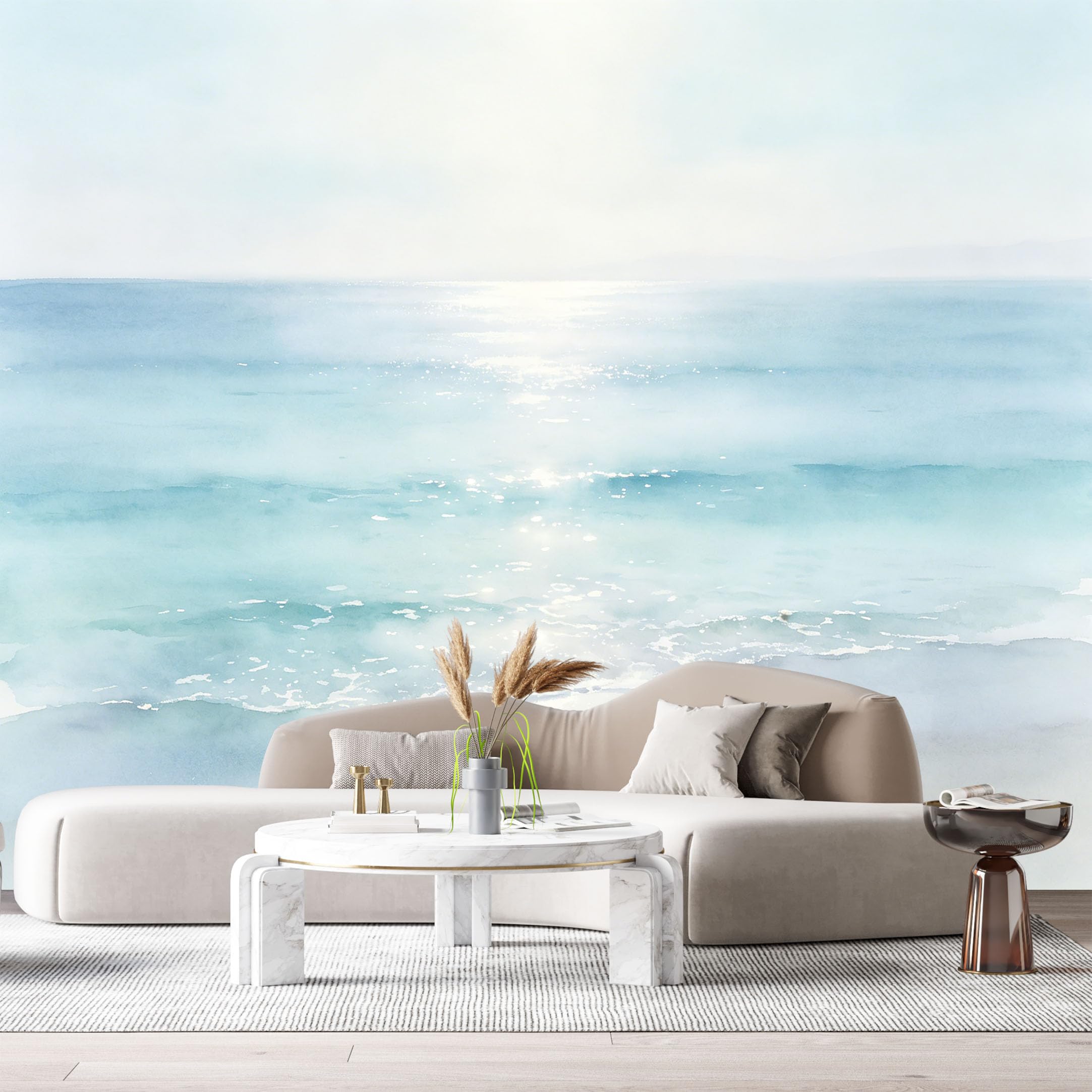 Custom Size Wall Murals Ocean Marine Watercolor Coastal Seascape SelfAdhesiveWall Fabric Removable Wallpaper Wall Decor for Living Room Bedroom Bathroom