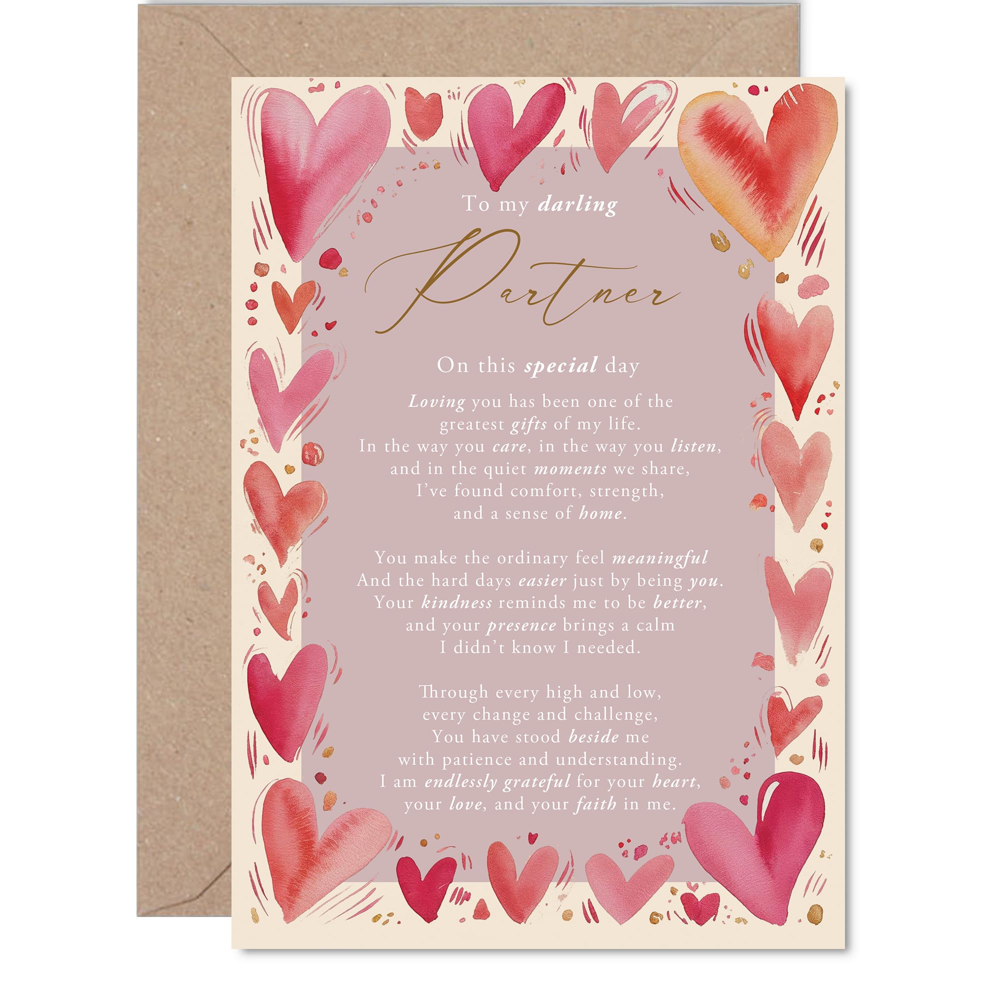Heartfelt Anniversary Card for Partner - Truly Touching Words for Your Partner - Artistic Hearts in Warm Pink and Red, Valentine's Day - A5, Envelope Included