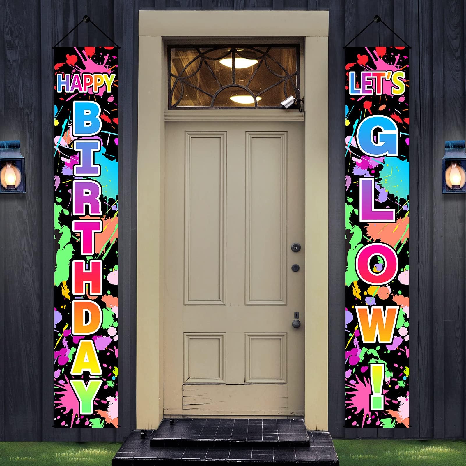 Glow Neon Birthday Party Decorations Supplies, Lets Glow & Happy Birthday Door Banner Sign Supplies, Glowing Themed Birthday Porch Photography Background Backdrop Decor