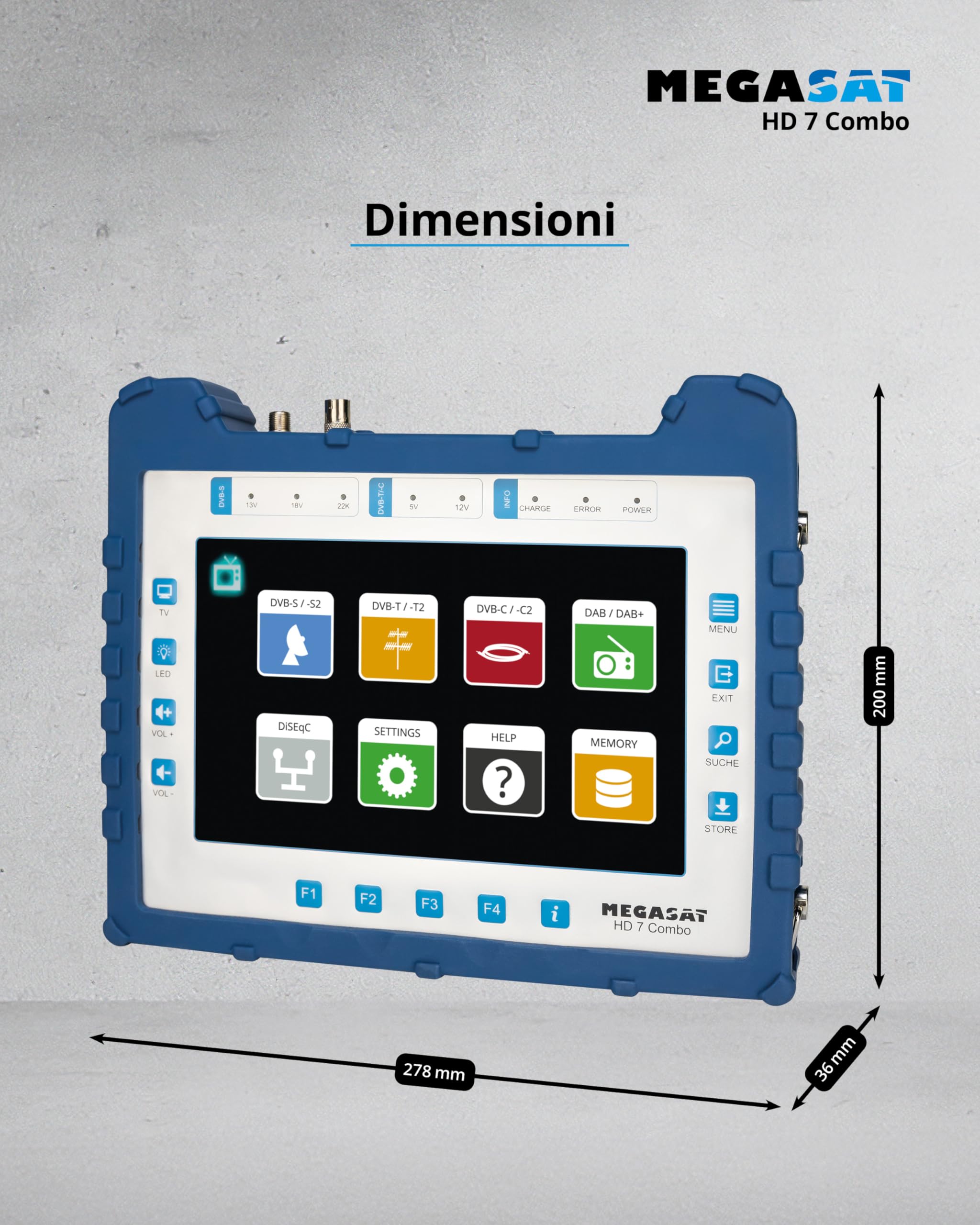 Megasat HD 7 Combo – Misuratore (per DVB-S, DVB-S2, DVB-T, DVB-T2, DVB-C, DAB+, Live-TV Bild, Unicable, display a colori da 8,9", batteria, lampada)