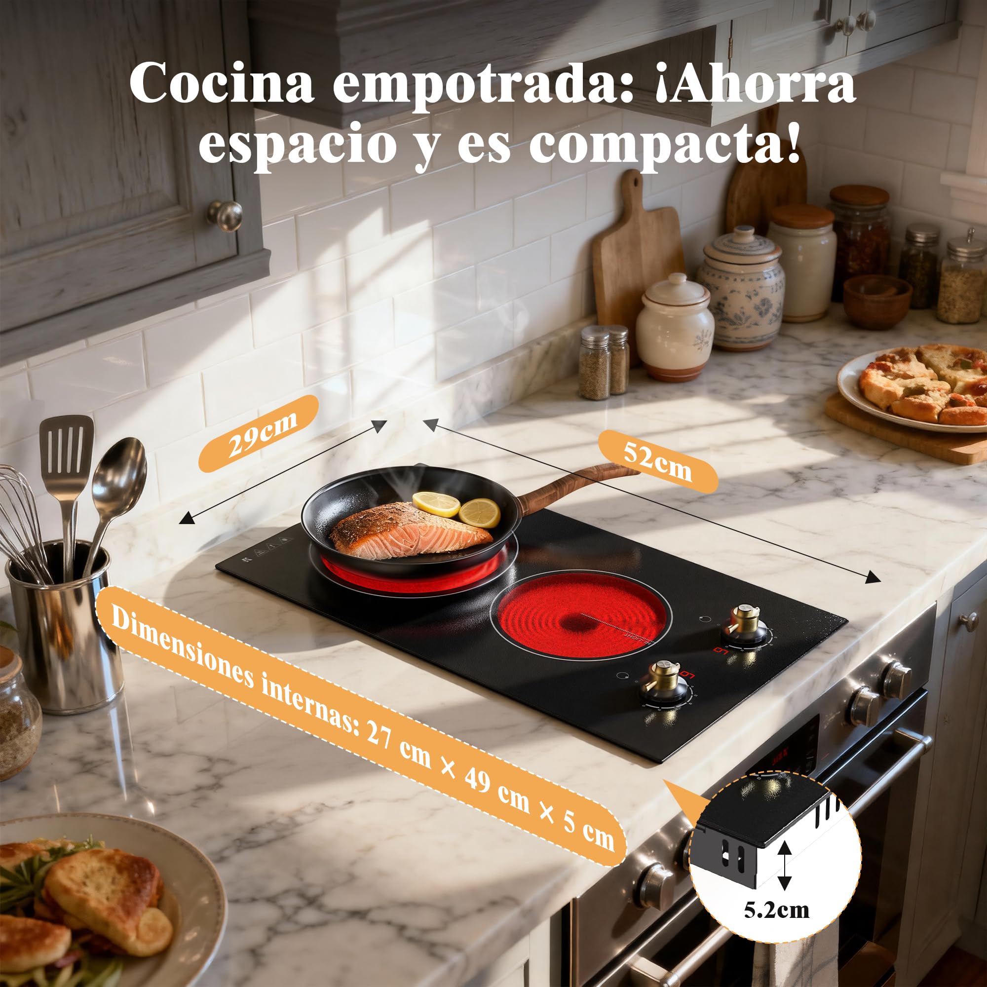 Karinear Placa Vitrocerámica de 2 Fuegos con Enchufe, Vitroceramica con Doble Mando Giratorio, Placa Eléctrica Independiente, Empotrable o Móvil, 220-240 V, 30 CM, 3000 W
