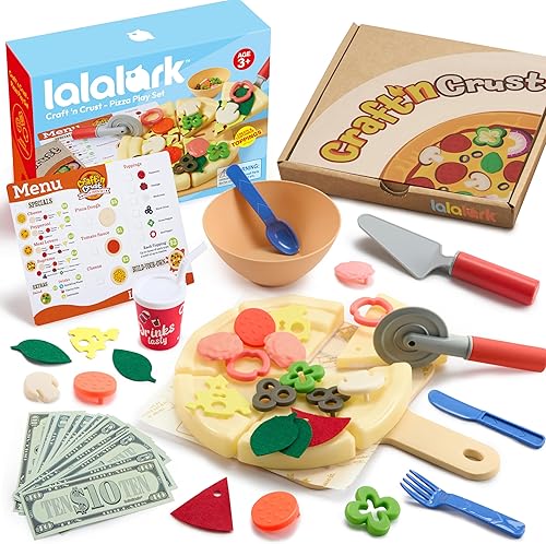 Miniatura 9 de lalalark Play Food - Juguete de pizza con 18 coberturas - Cortar alimentos para niños - Craft 'n Crust - Check Out interactivo - Dinero de juego -