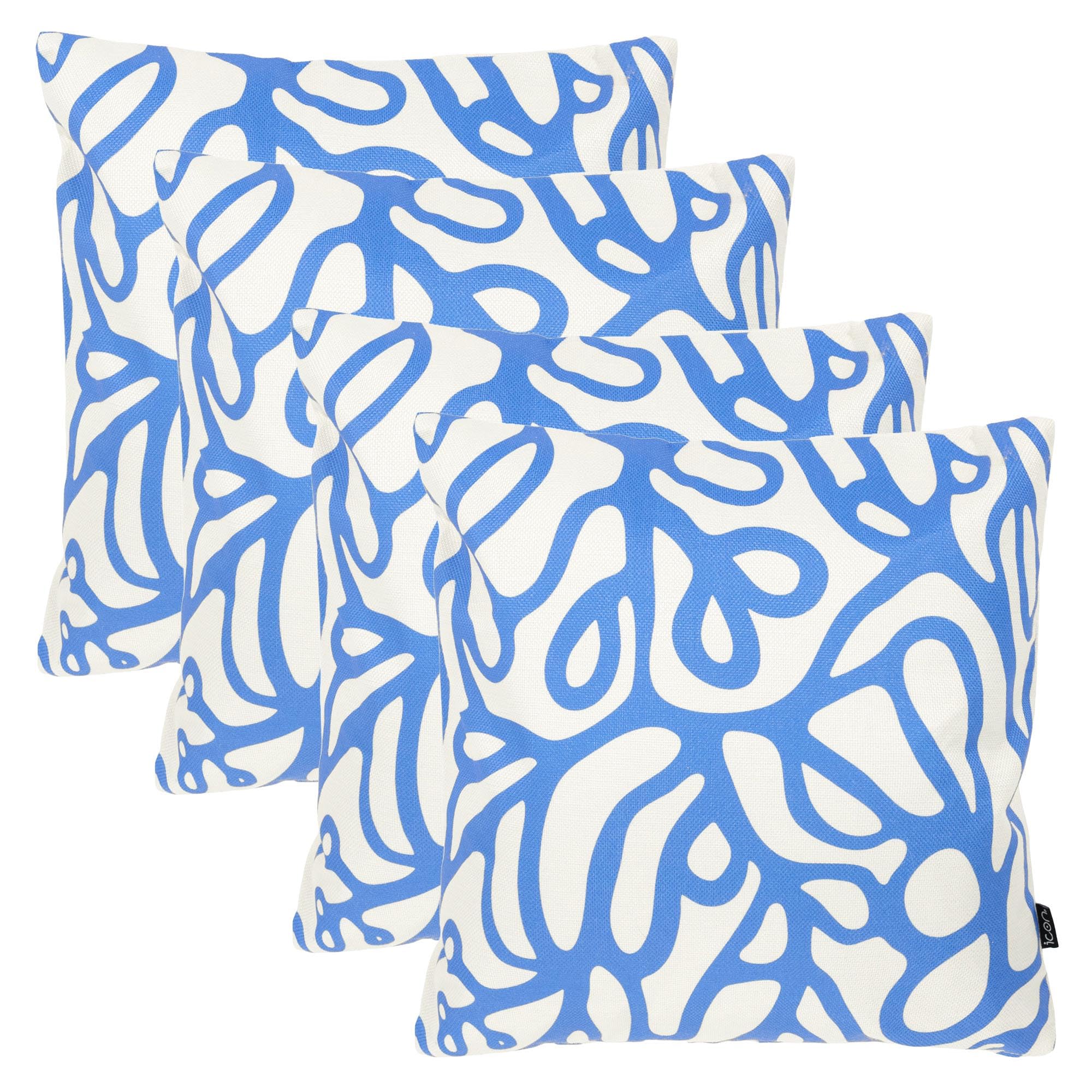 icon Indoor Outdoor Cushions Filled, Kyoto Collection, Squiggle, Set of 4, 43cm x 43cm, Water Resistant, Blue Outdoor Cushions for Garden Furniture, Lounge, Garden, Patio