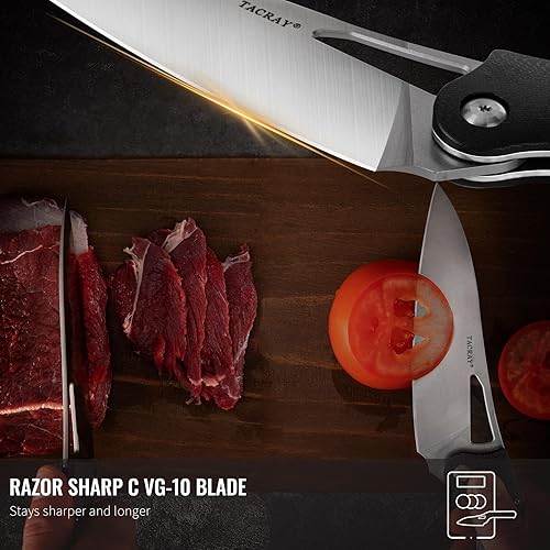 Miniatura 3 de TACRAY Cuchillo de chef de cocina plegable, cuchillo de campamento plegable de 5.49 pulgadas con hoja de acero inoxidable C VG10, mango G10