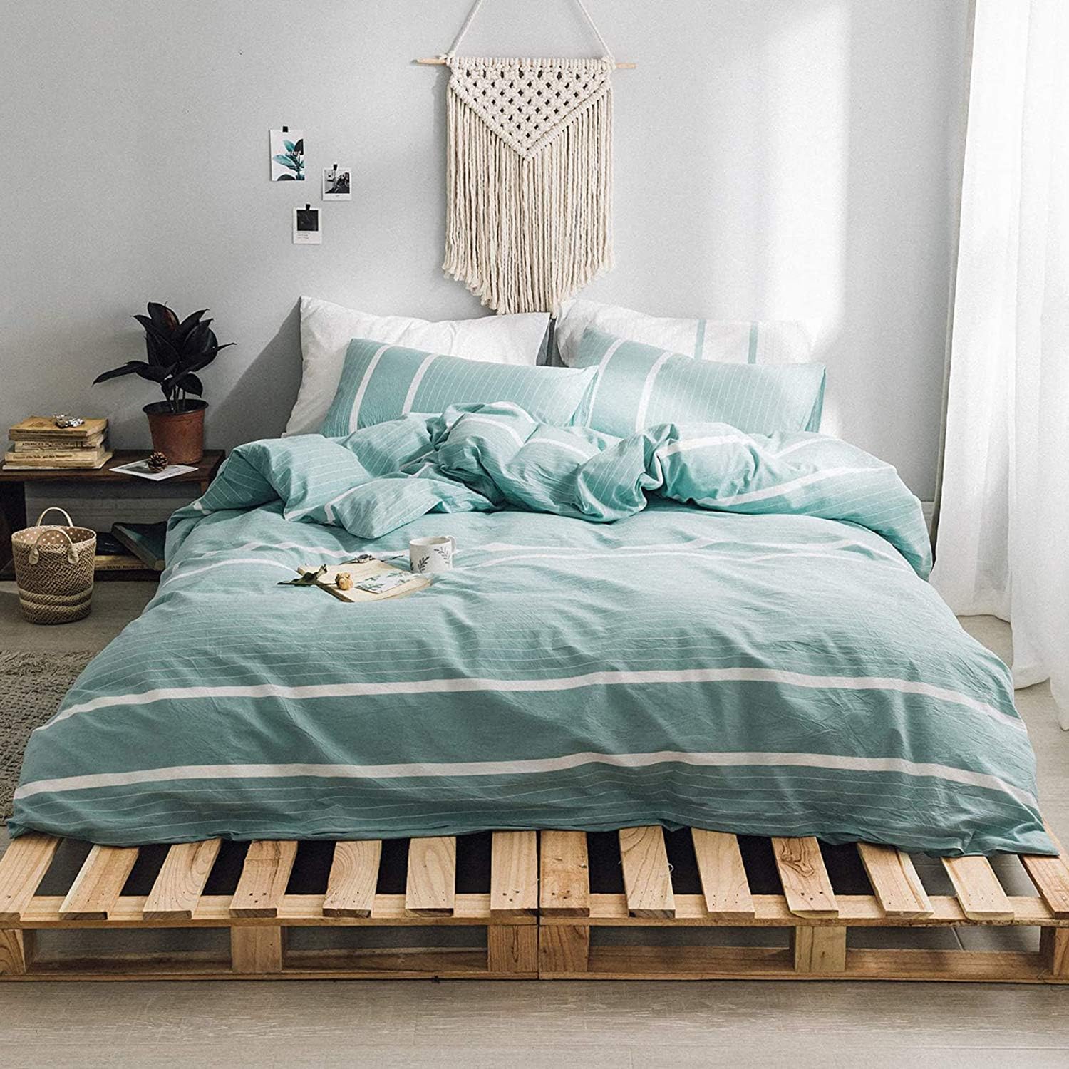 HYPREST Blue Striped Duvet Cover, 100% Cotton Duvet Cover Queen Soft Breathable Bedding Set