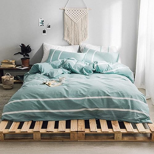 HYPREST 100% Washed Cotton Blue Duvet Cover Queen - Ultra Soft Modern Style Bedding Set(NO Comforter and Sheet)