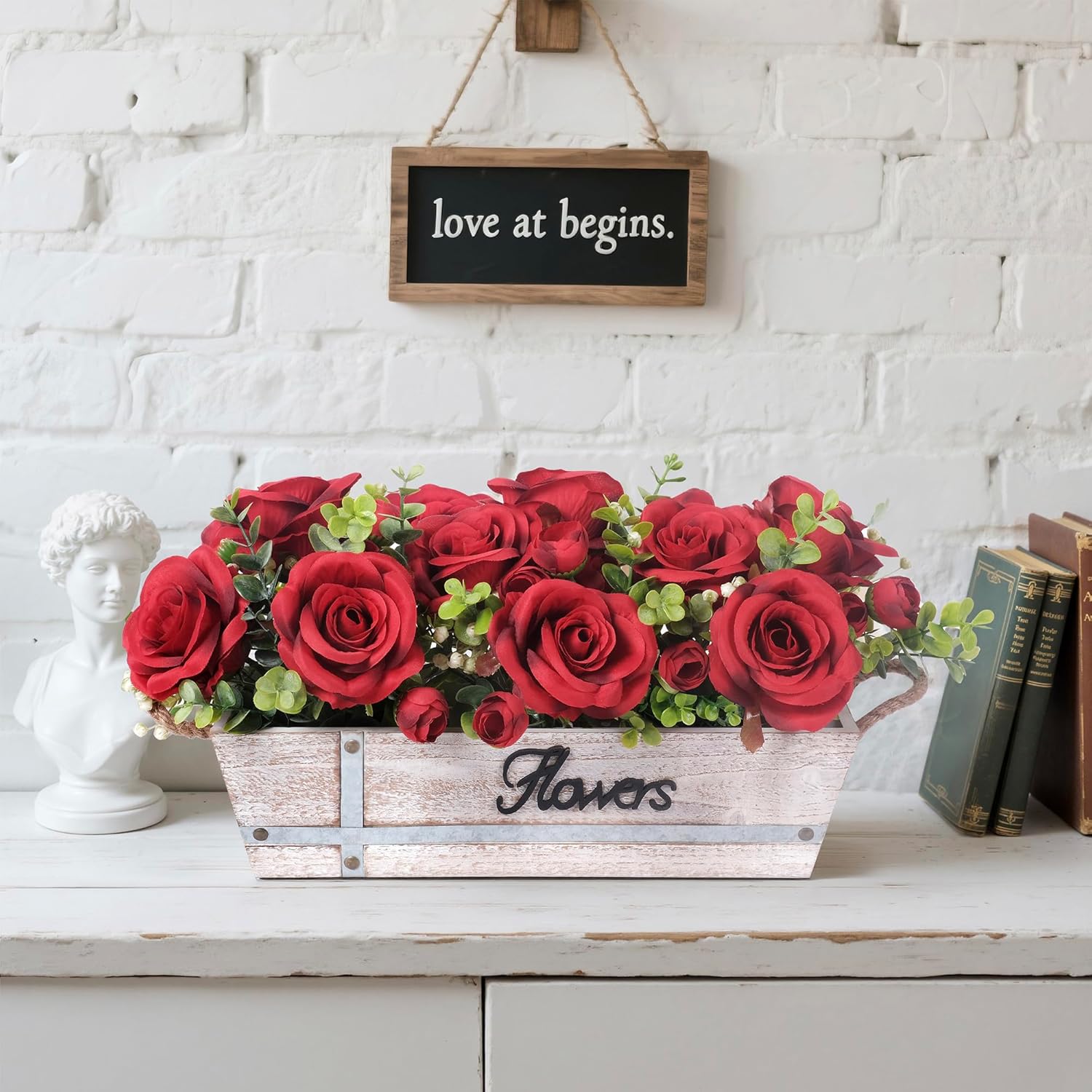 Centerpiece Table Decorations Rustic Wood Tray with 3 Artificial Red Rose Flowers and Fake Eucalyptus for Dining Room Farmhouse Living Room Kitchen and Coffee Table Décor - Image 4