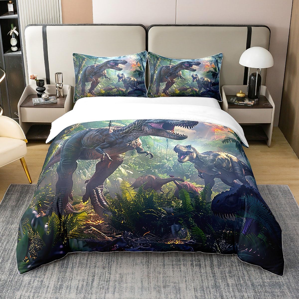 100% Bio-Baumwolle 3D Dinosaurier Tröster Abdeckung Dino Silhouetten Jurassic Evolution Bettwäsche Set für Kinder Jungen Alte Safari Tier Bettbezug Dschungel Woodland Bettbezug,Weiche Warme 155x220
