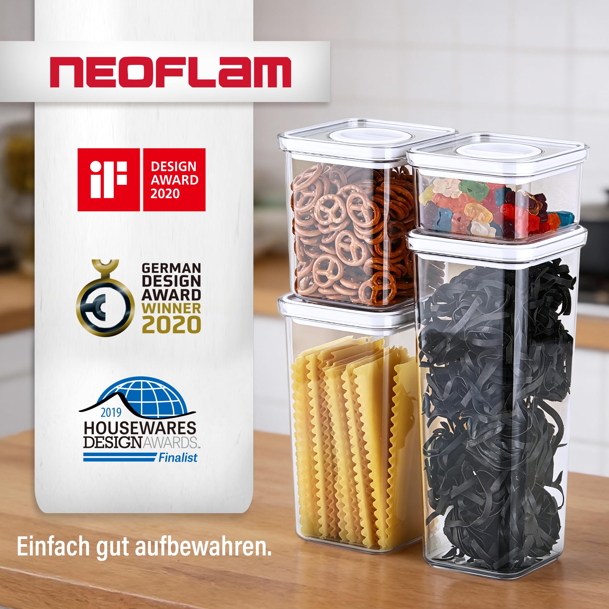 Neoflam® Set di 4 contenitori ermetici con coperchio e chiusura a vite con una sola mano, senza BPA, contenitori salvafreschezza per la conservazione degli alimenti, coperchio trasparente, ciascuno da