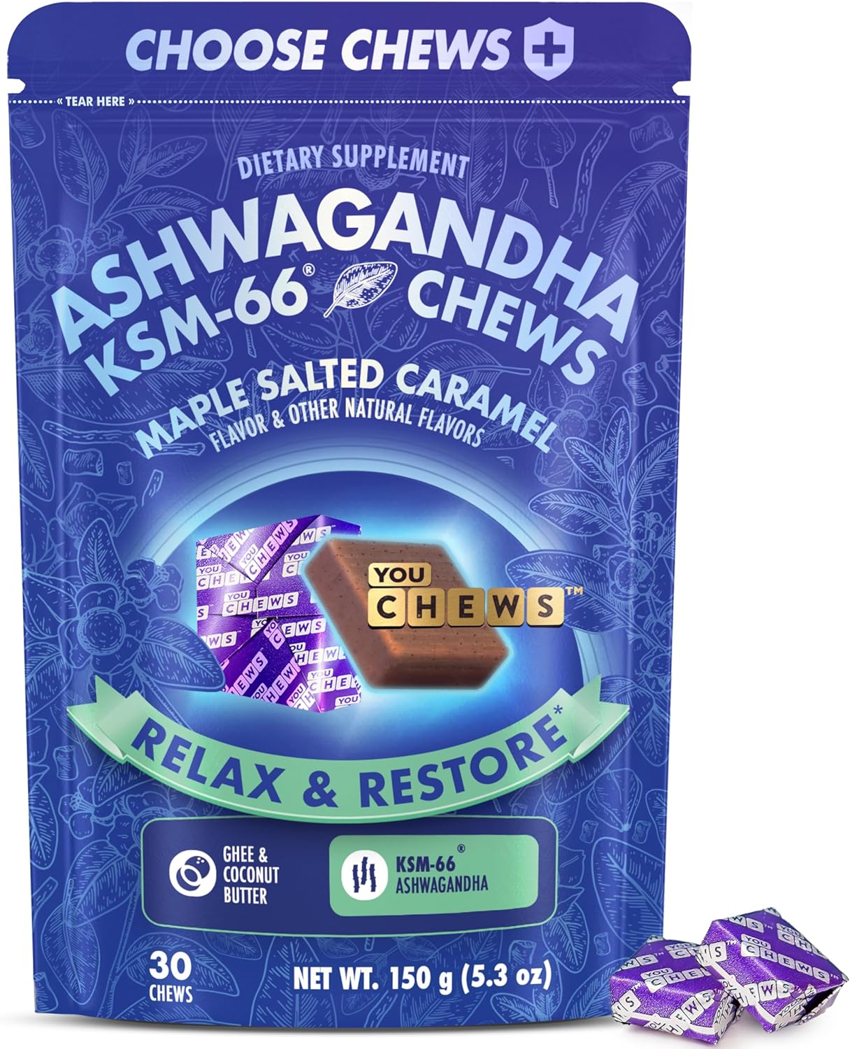 Ashwagandha KSM-66 Chews for Stress Relief & Mood Support, Organic Ashwagandha Gummies KSM 66 Alternative, Mood Support, Maple Salted Caramel Flavor, 30 Count