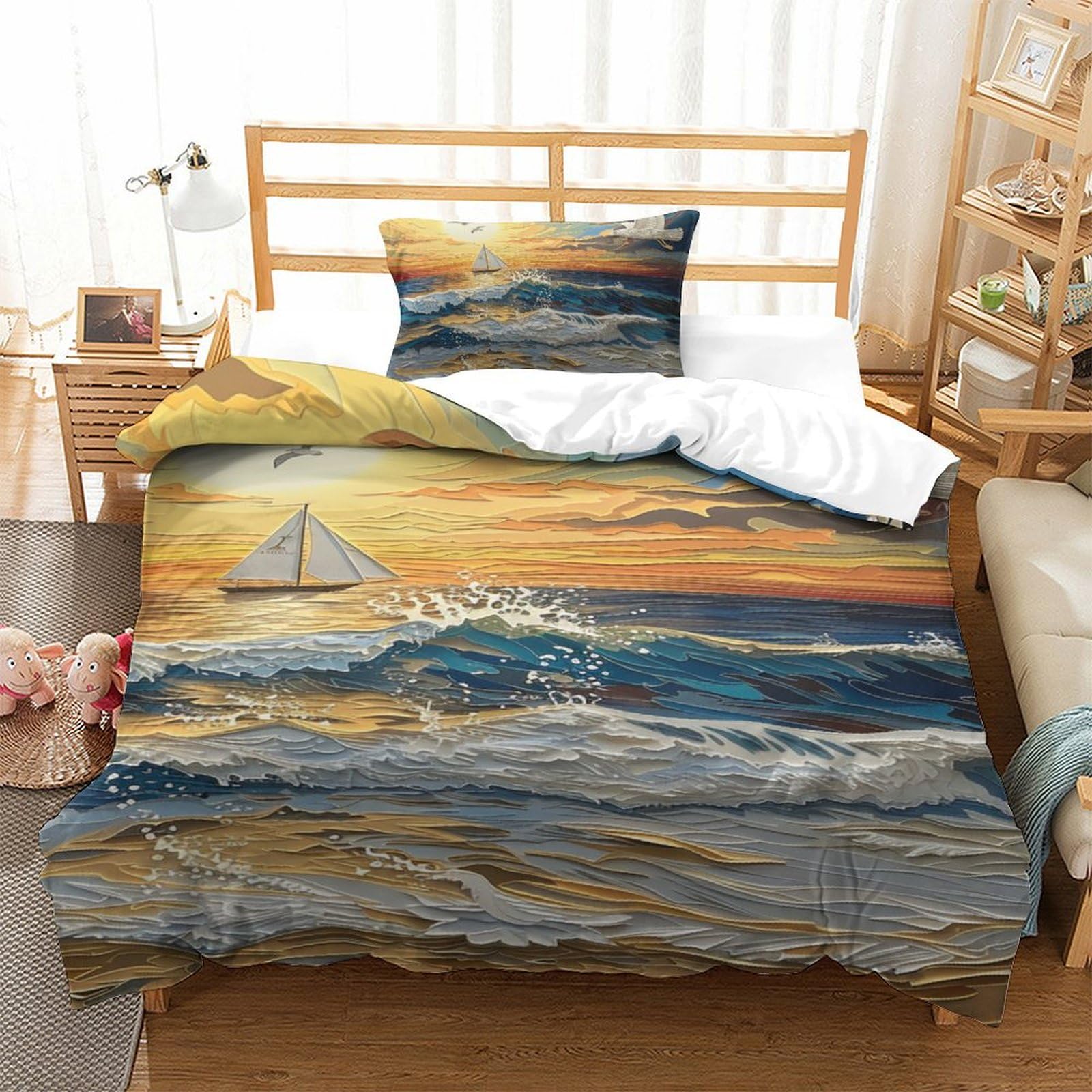 Parure de lit mouette 3D pour chambre d'enfant ou studio vue mer housse 135x200cm douce