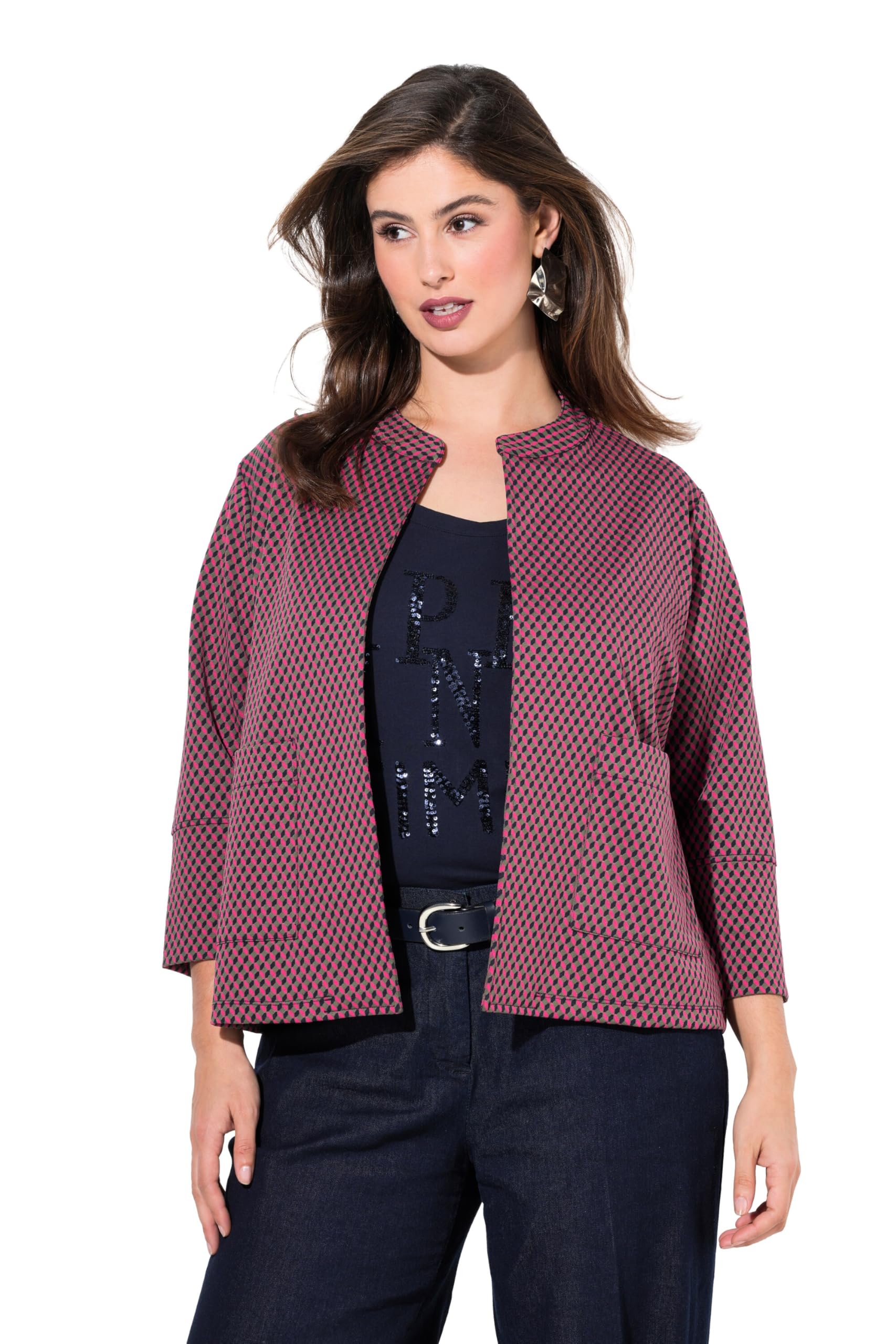 Ulla Popken Damen große Größen Übergrößen Plus Size Jacquard-Jacke, offene Form, Rundhals, 3/4-Arm 836245