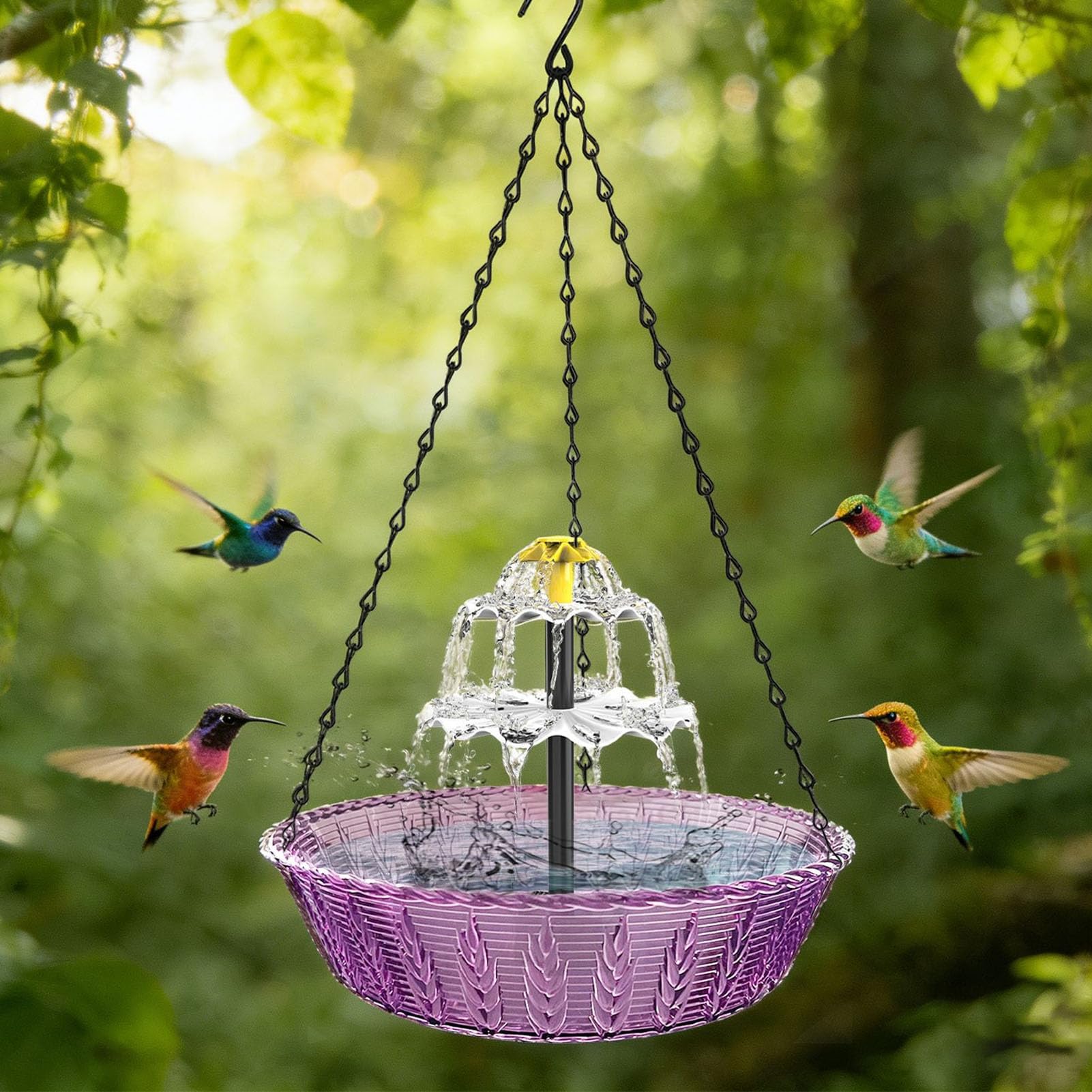Solar-Hänge-Vogelbadbrunnen für den Außenbereich, 3-lagige kaskadierende Vogelbadschale aus Kunststoff mit Solarsprudler, Flache oder hängende Platzierung für den
