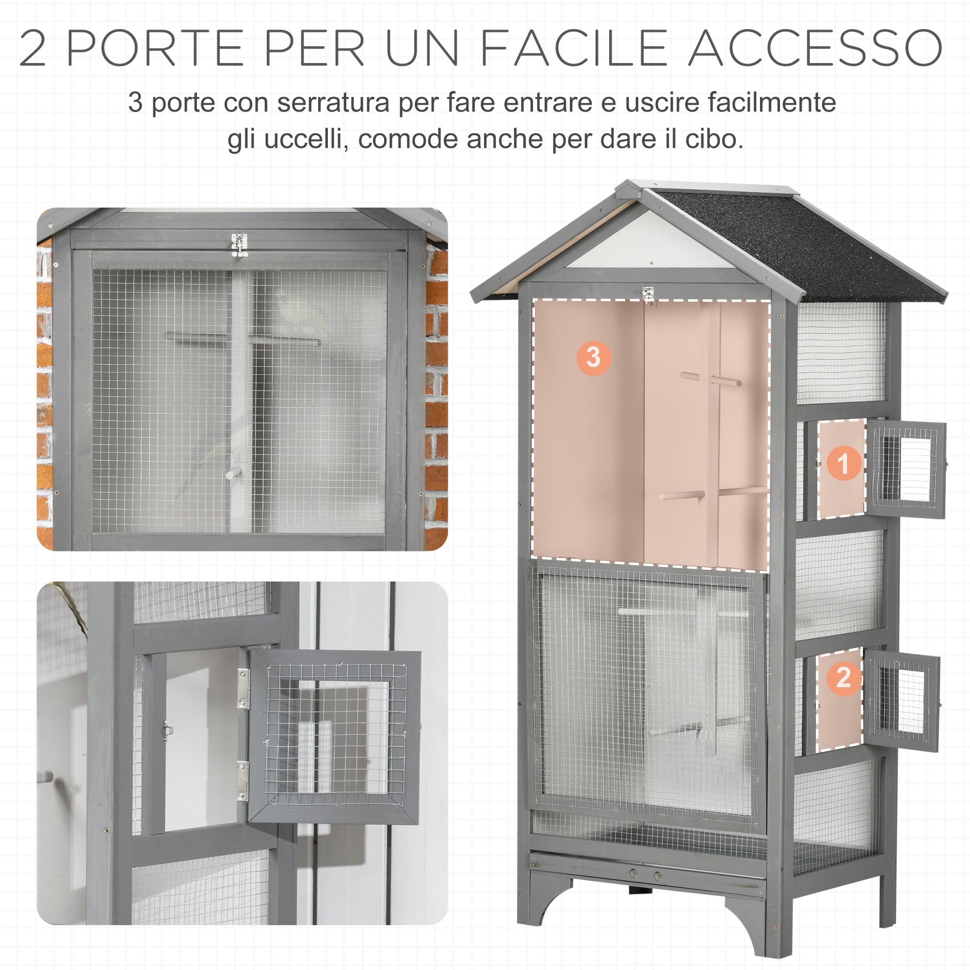 PawHut Gabbia per Uccelli da Esterno in Legno di Abete e Metallo, Voliera per Uccelli a 3 Aperture con Blocco, 4 Posatoi e Vassoio Rimovibile, 80.5x57x153 cm, Grigio Chiaro