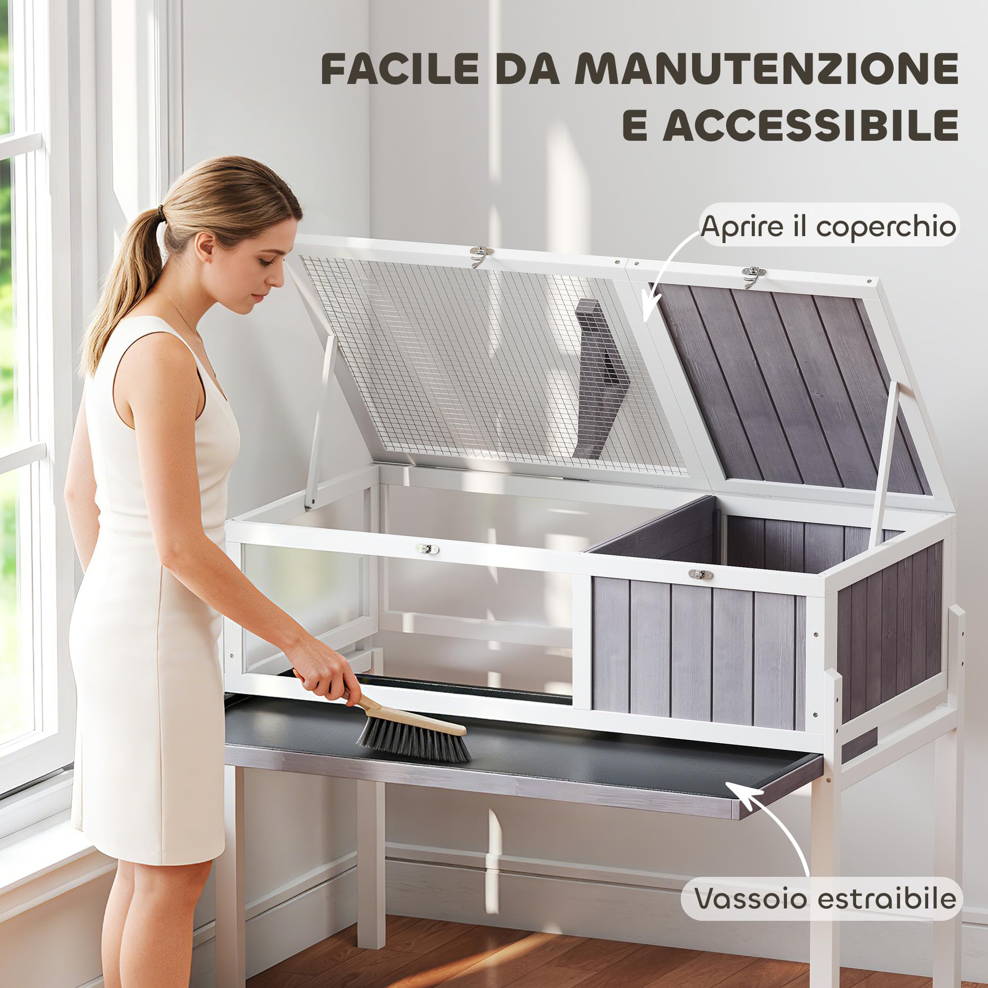 PawHut Casetta Tartarughe Rialzata Divisorio 104x53x82 cm Grigio e Bianco | Vassoio Estraibile, 2 Coperchi, Tartarughiera in Legno di Abete e PS