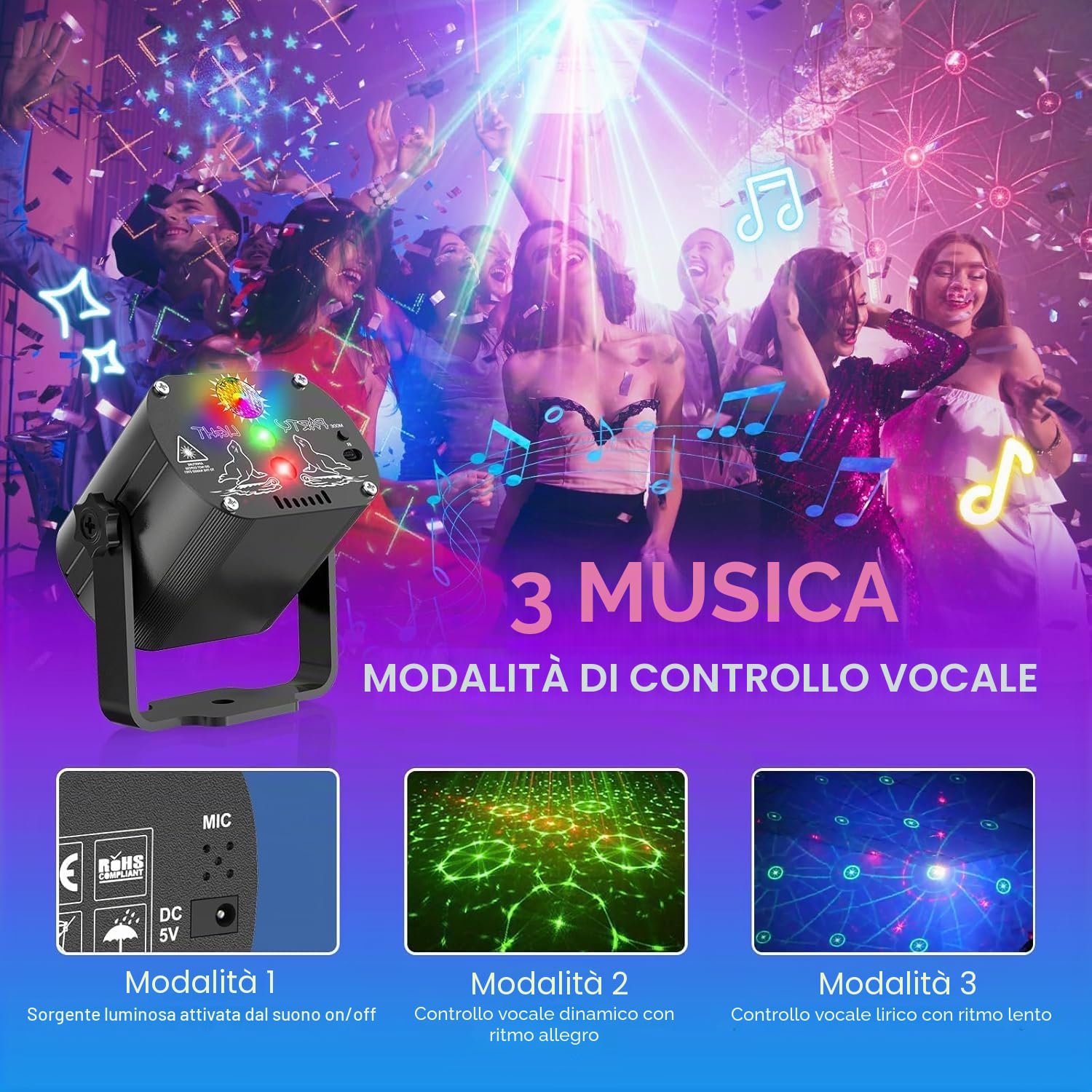 Luci Discoteca LED Wireless 4500mAh 60 Effetti Stroboscopici Testa Mobile DMX DJ Nero