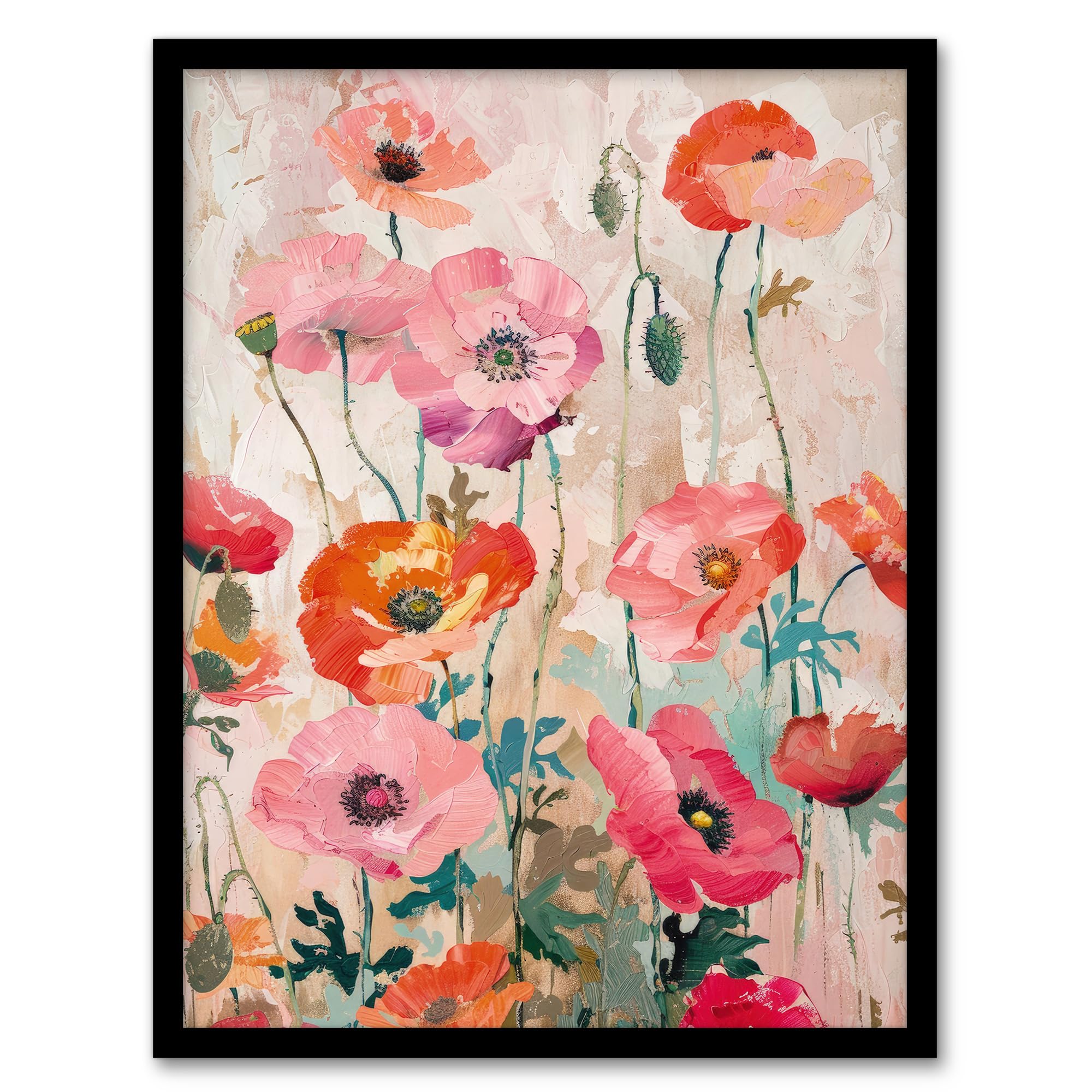 Artery8 Framed A4 Poppy Flowers Orange Pink Red Floral Oil Painting For Living Room Artwork Framed Wall Art Print A4